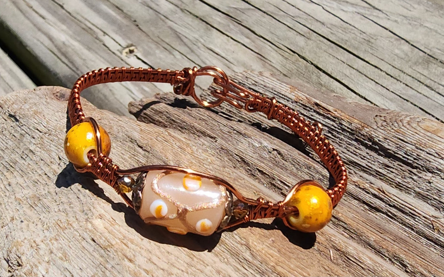 Wire Wrapped Yellow Beaded Bracelet with Antique Copper Wire