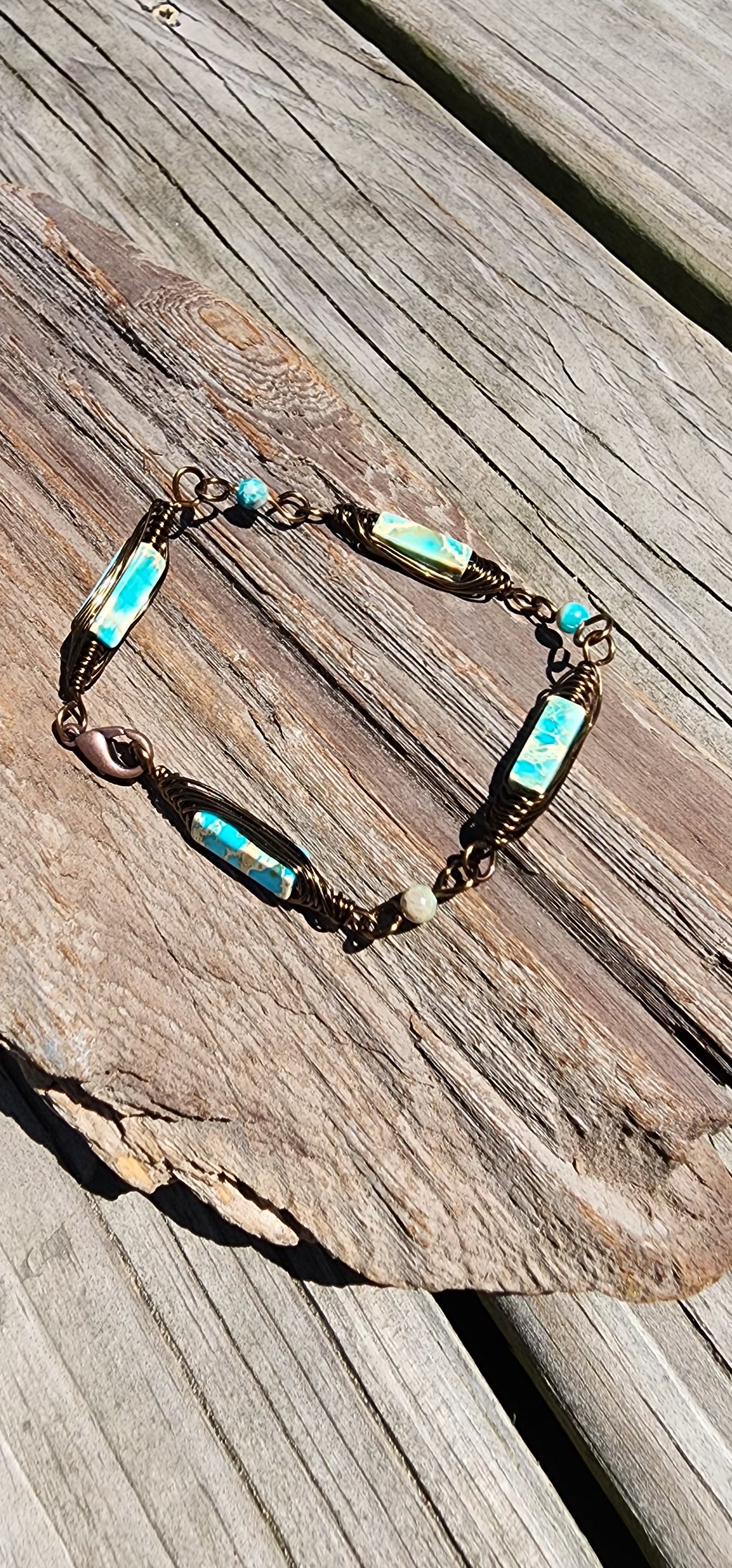 Turquoise Imperial Jasper Herringbone Wire Wrapped Bracelet