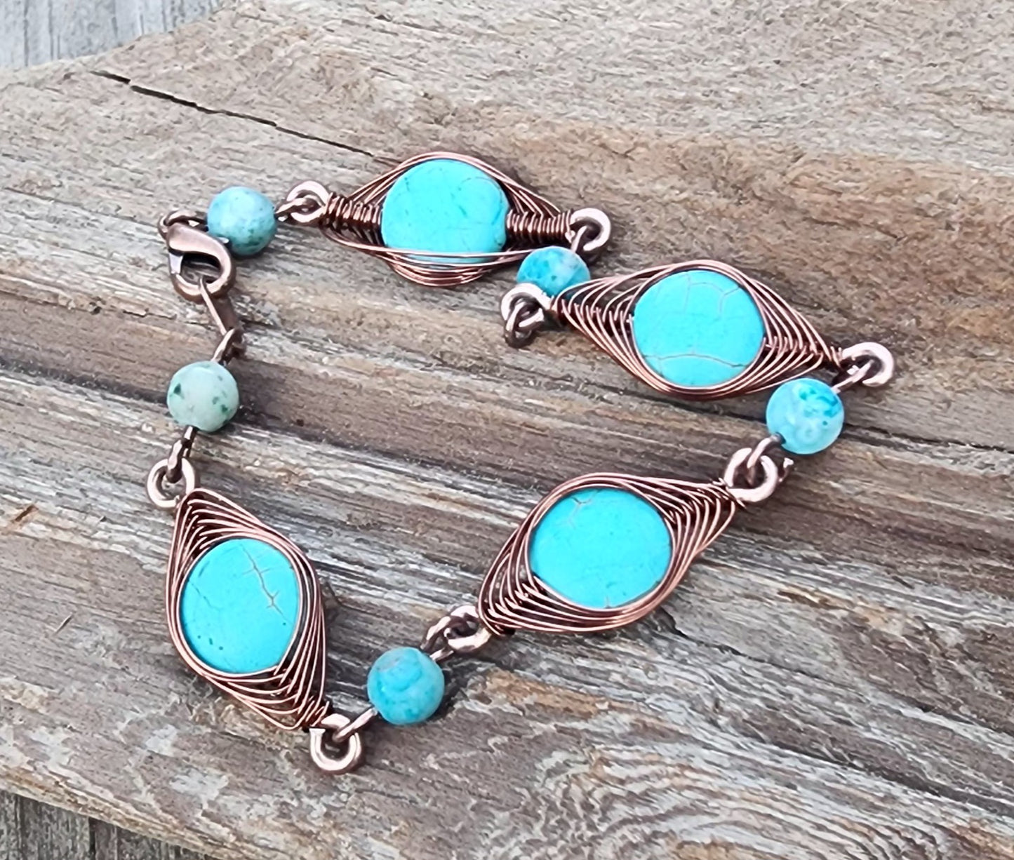Turquoise Herringbone Wire Wrapped Bracelet