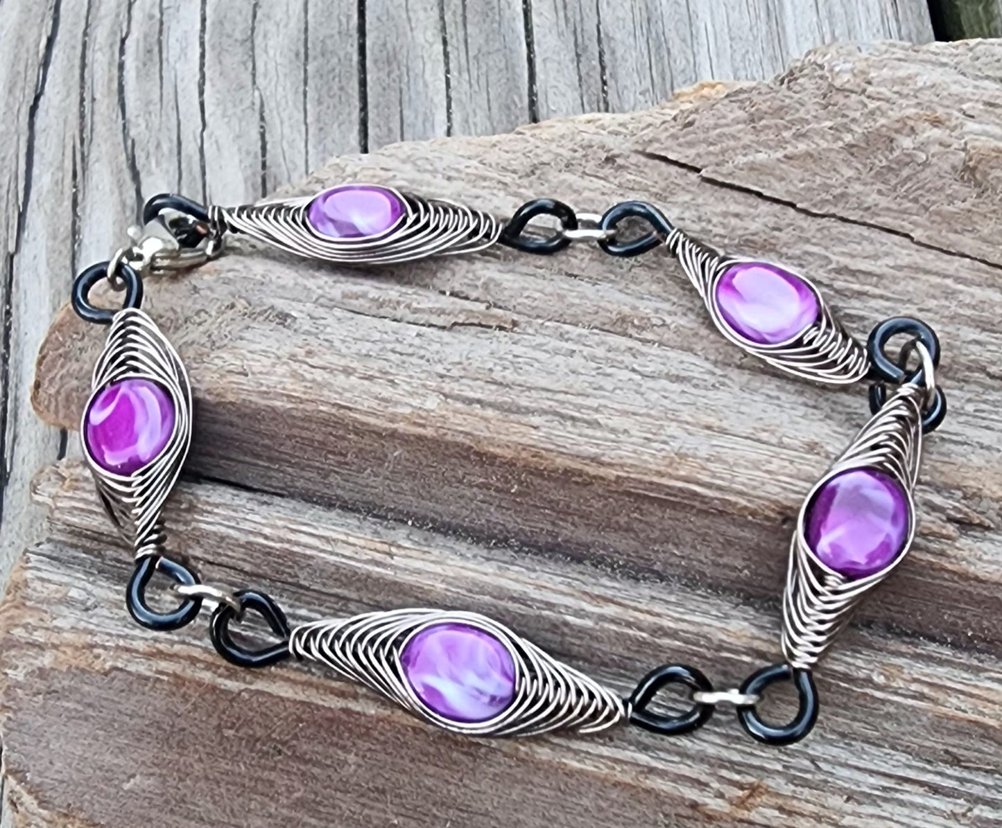 Amethyst Bloom Herringbone Wire Wrapped Bracelet