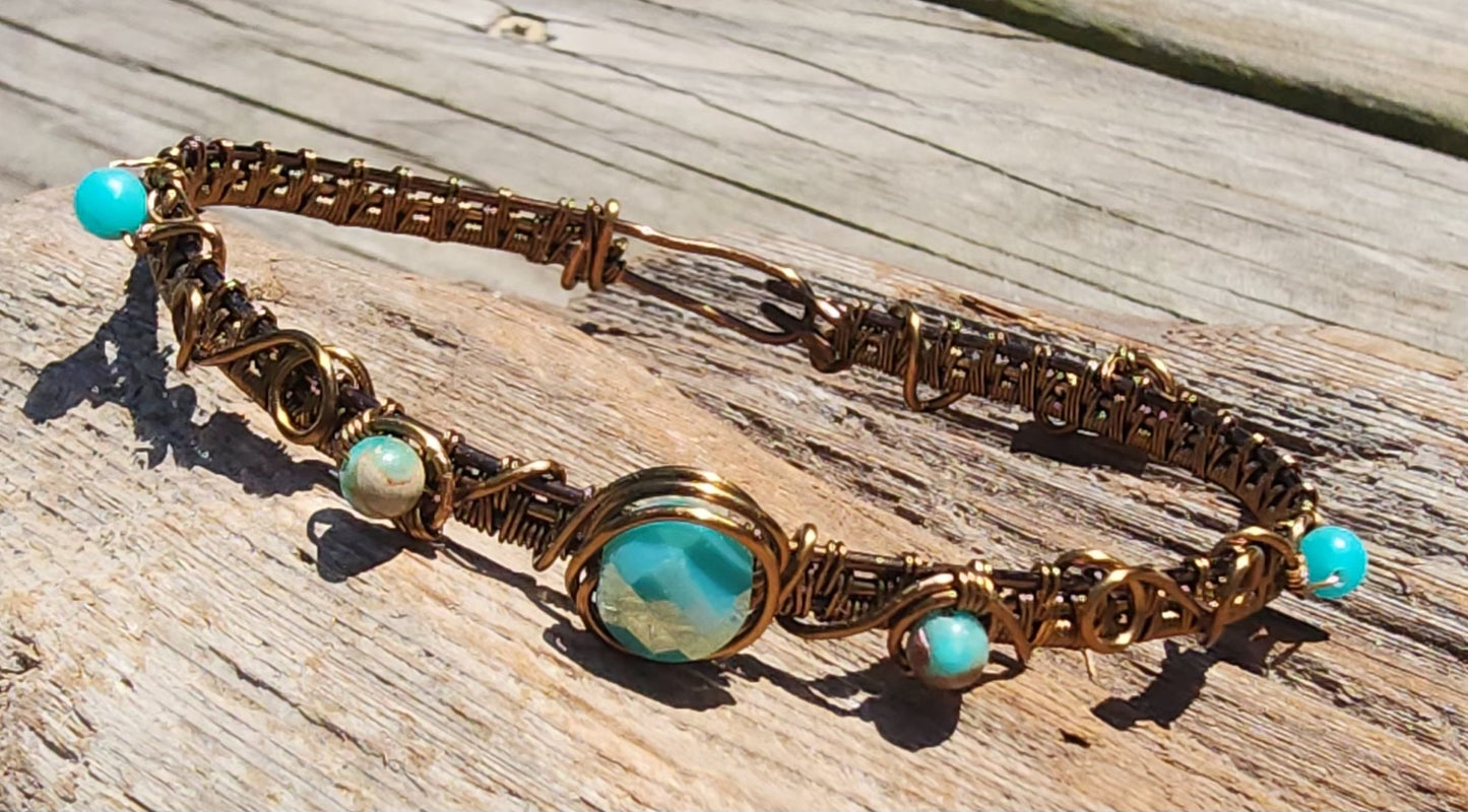 Turquoise Bead Swirly Antique Bronze Wire Wrapped Bracelet