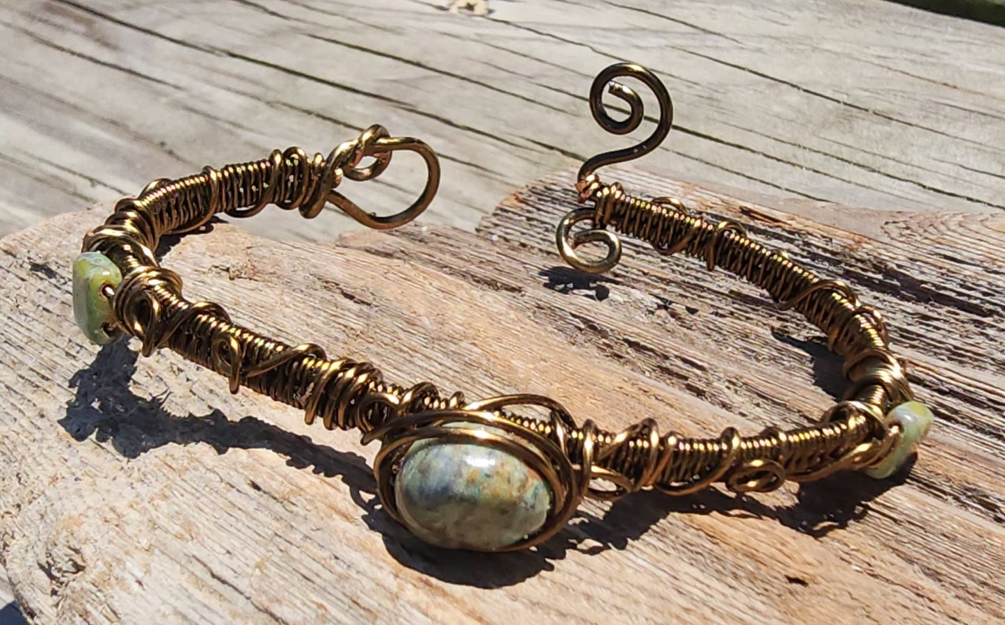 Green Jasper Antique Bronze Wire Wrapped Bracelet