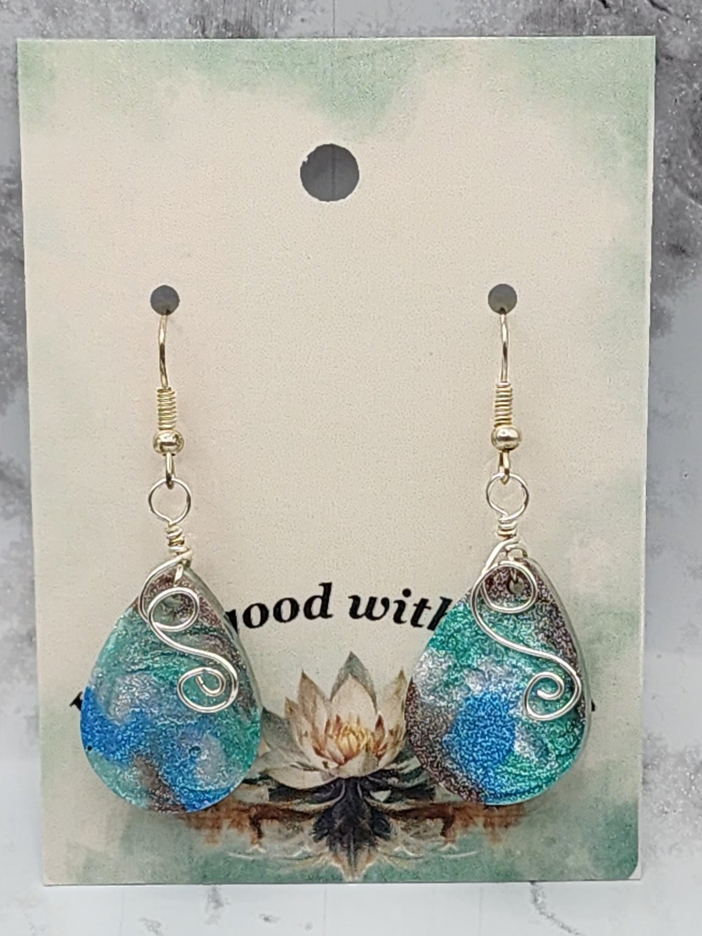 Blue Lagoon Teardrop WIre Wrapped Resin Earrings