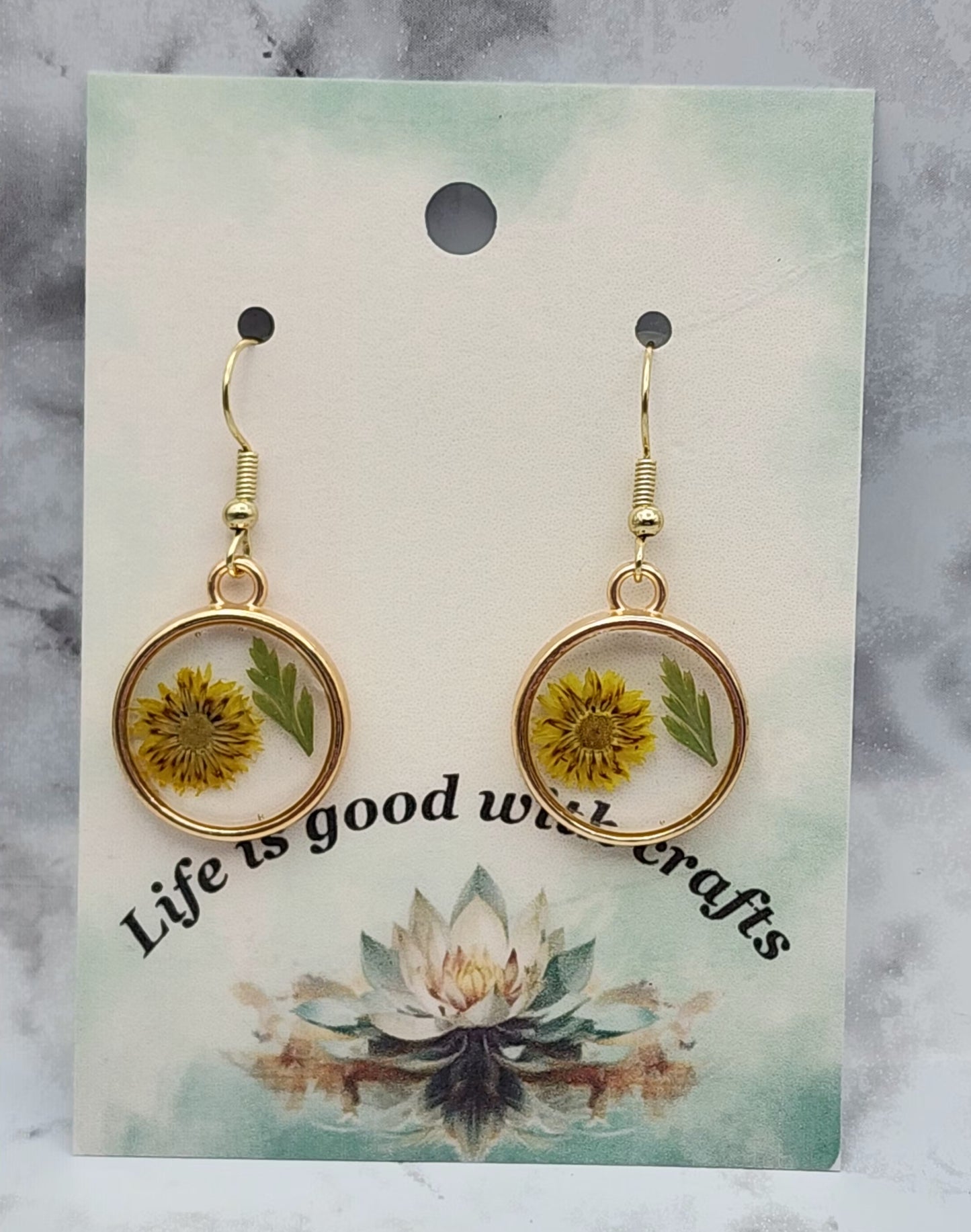 Dried Pressed Flower Resin Earrings in a Small Round Gold Plated Bezel