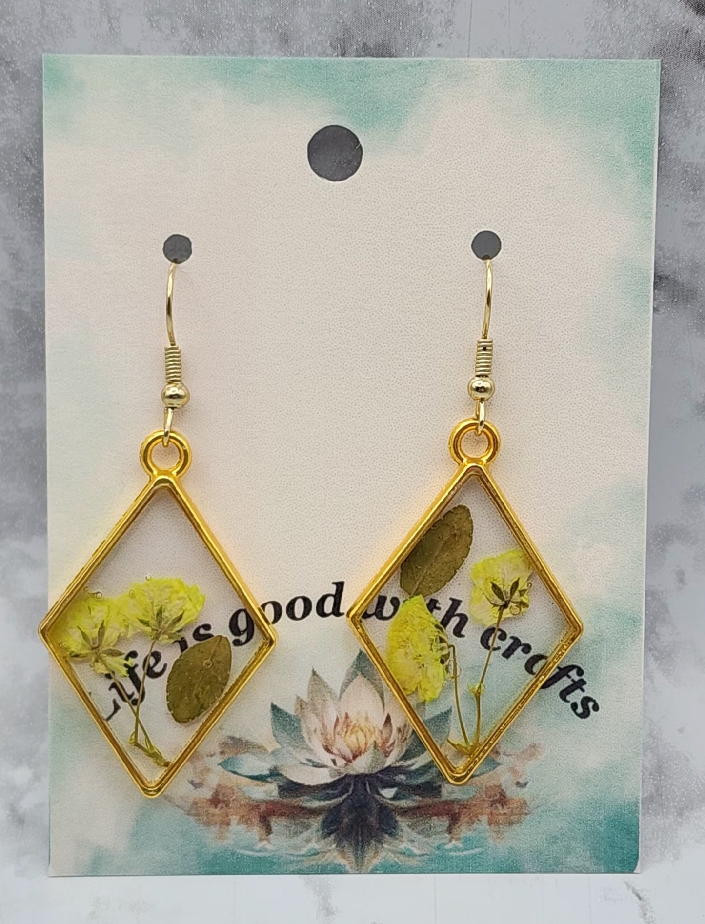 Dried Pressed Flower Triangle Gold Plated Resin Earrings