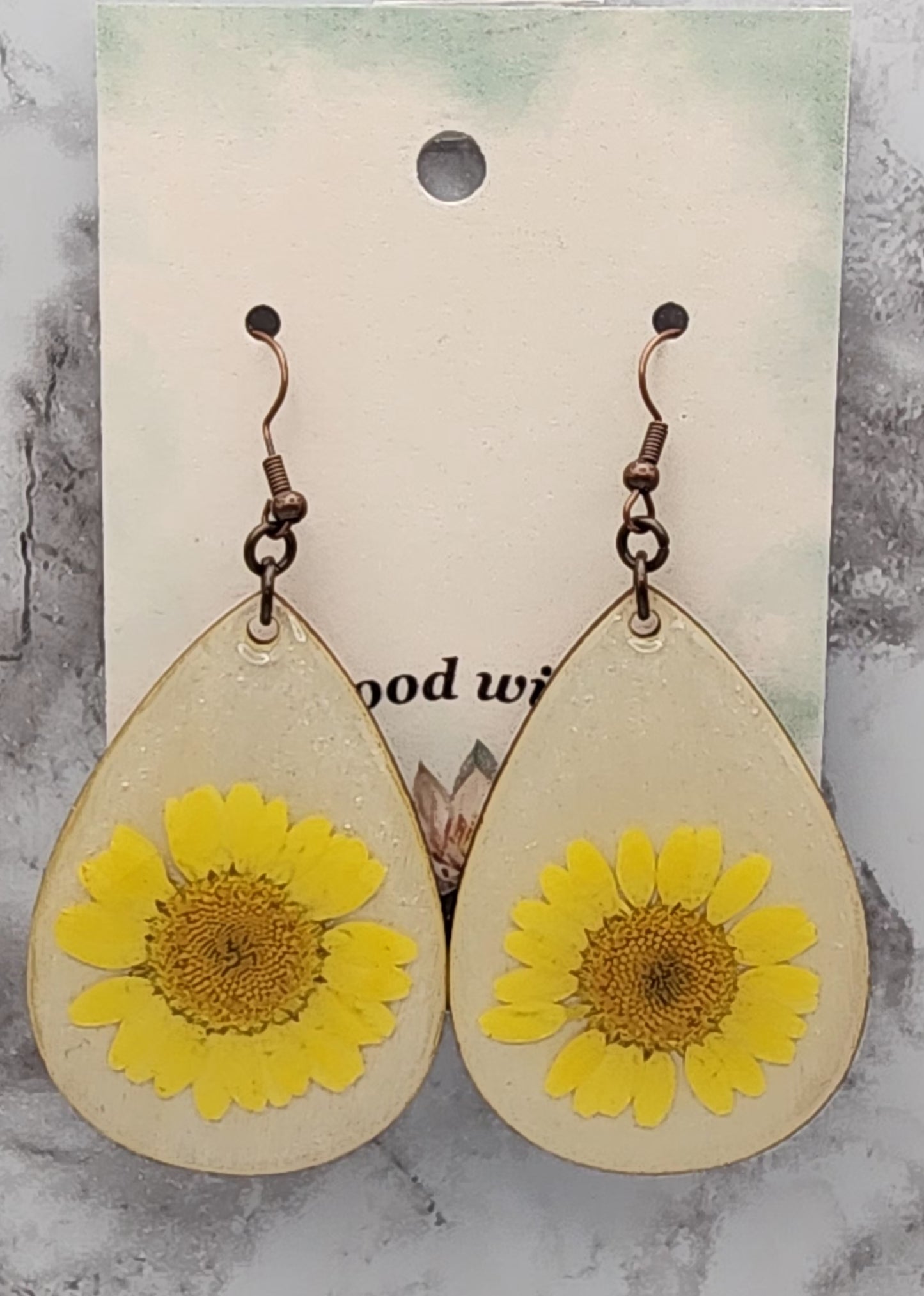 Dried Pressed Daisy Flower Resin Earrings on a Wooden Teardrop Pendant