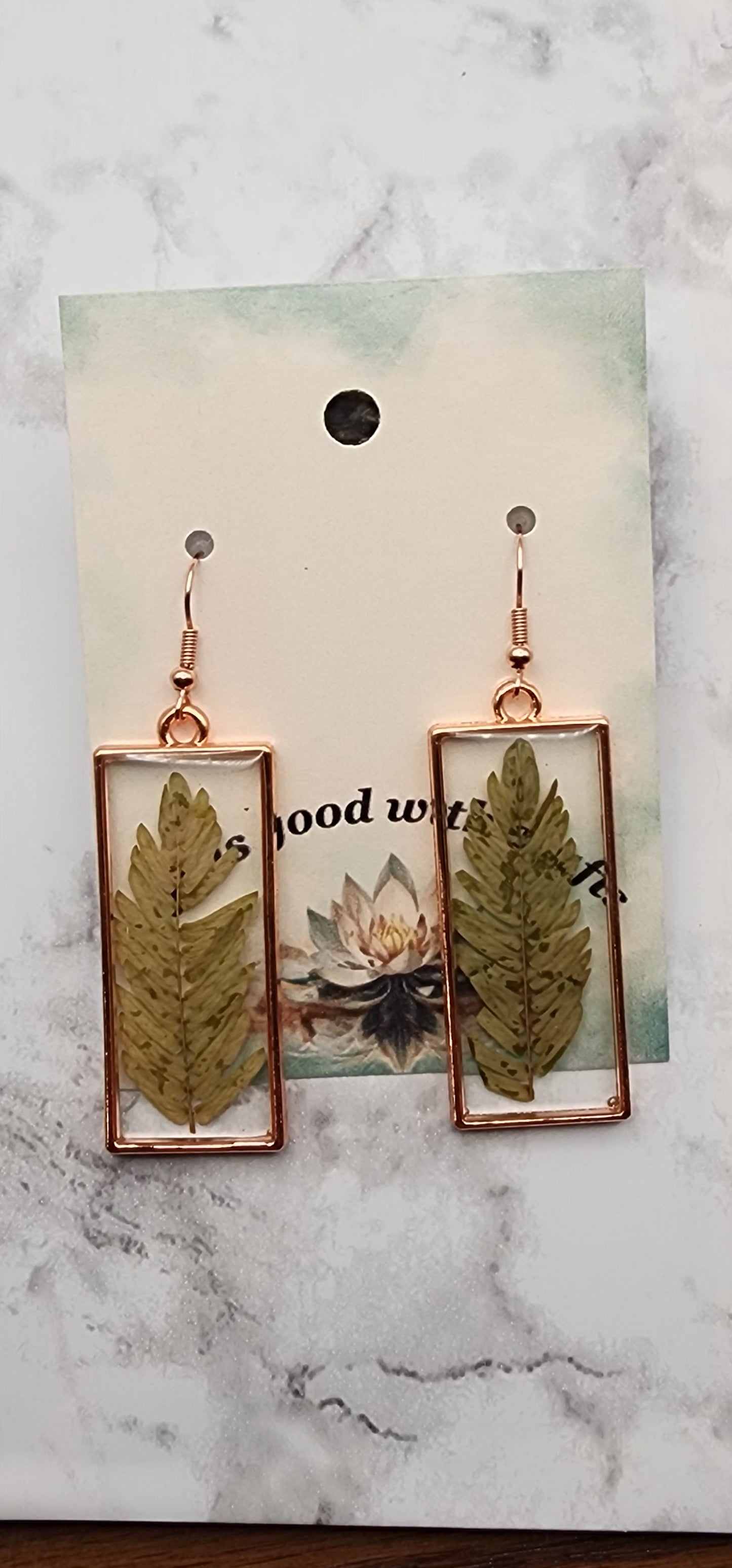 Dried Leaf Resin Earrings in a Rose Gold Plated Bezel