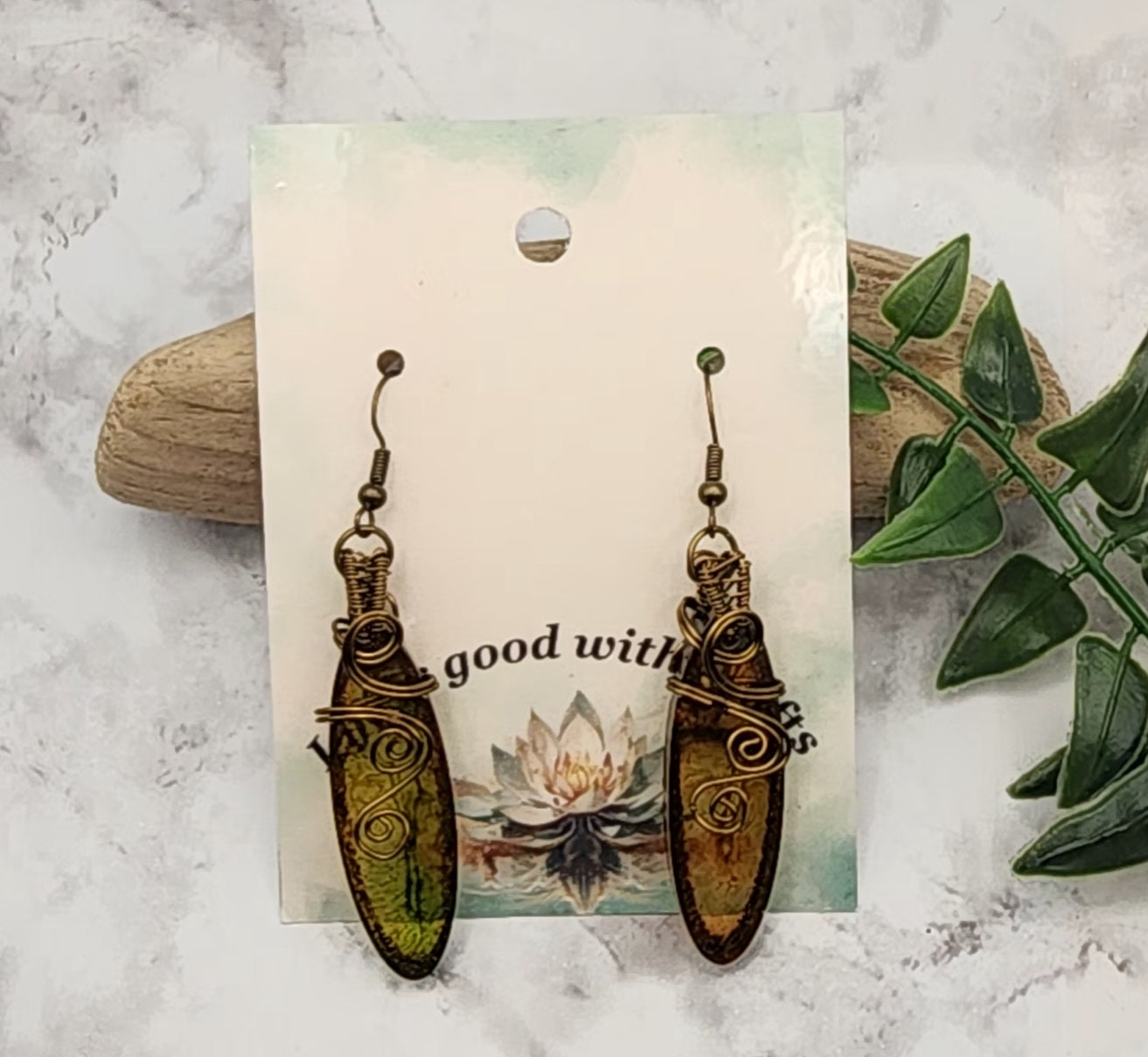 Wire Wrapped Green Resin Cobochon Earrings