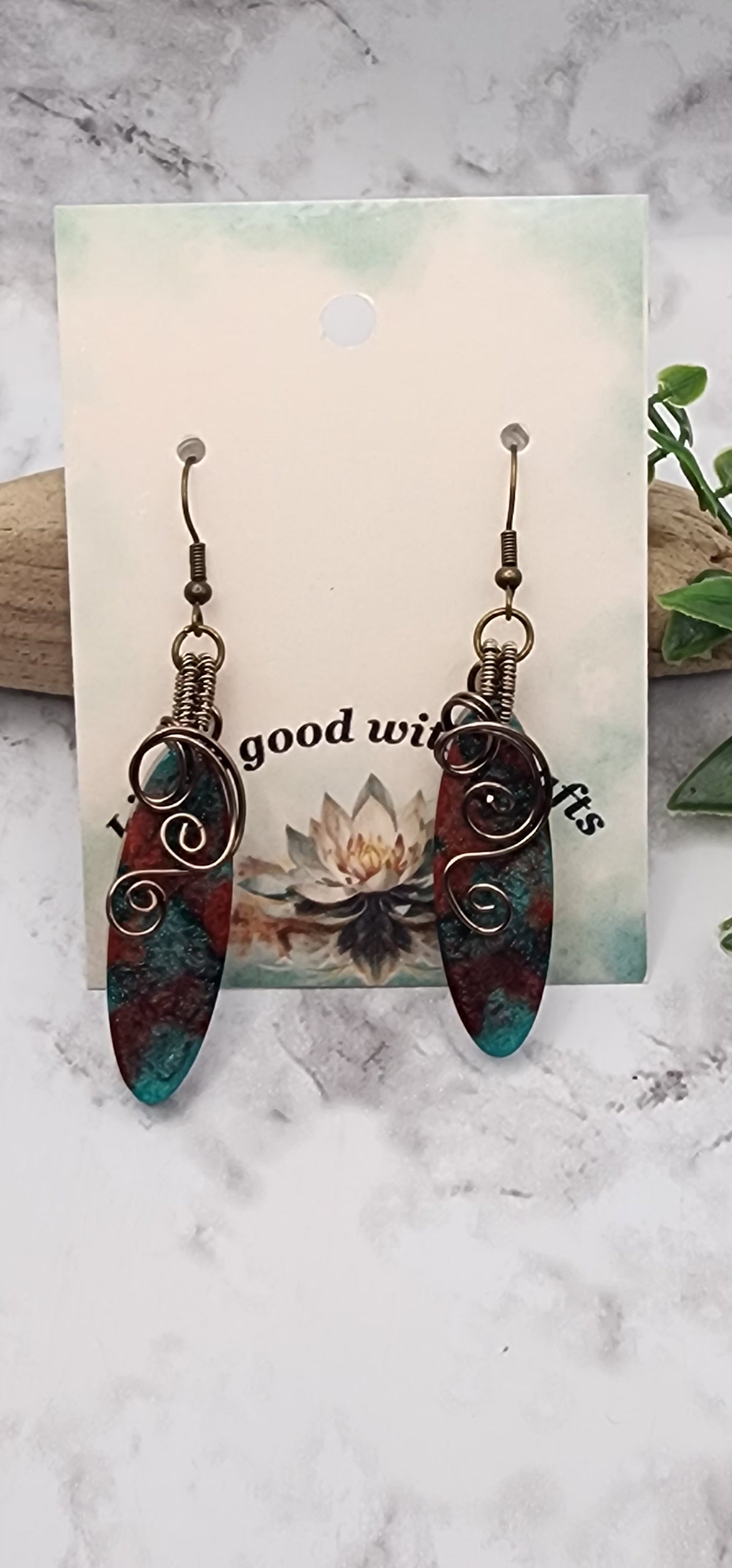 Wire Wrapped Earrings with a Turquoise and Red Resin Oval Cobochon