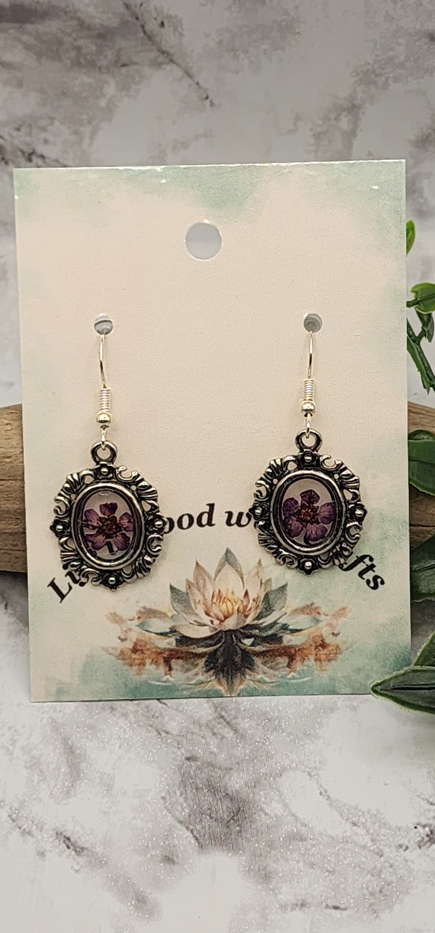 Vintage Earrings with Purple Dried Pressed Flowers