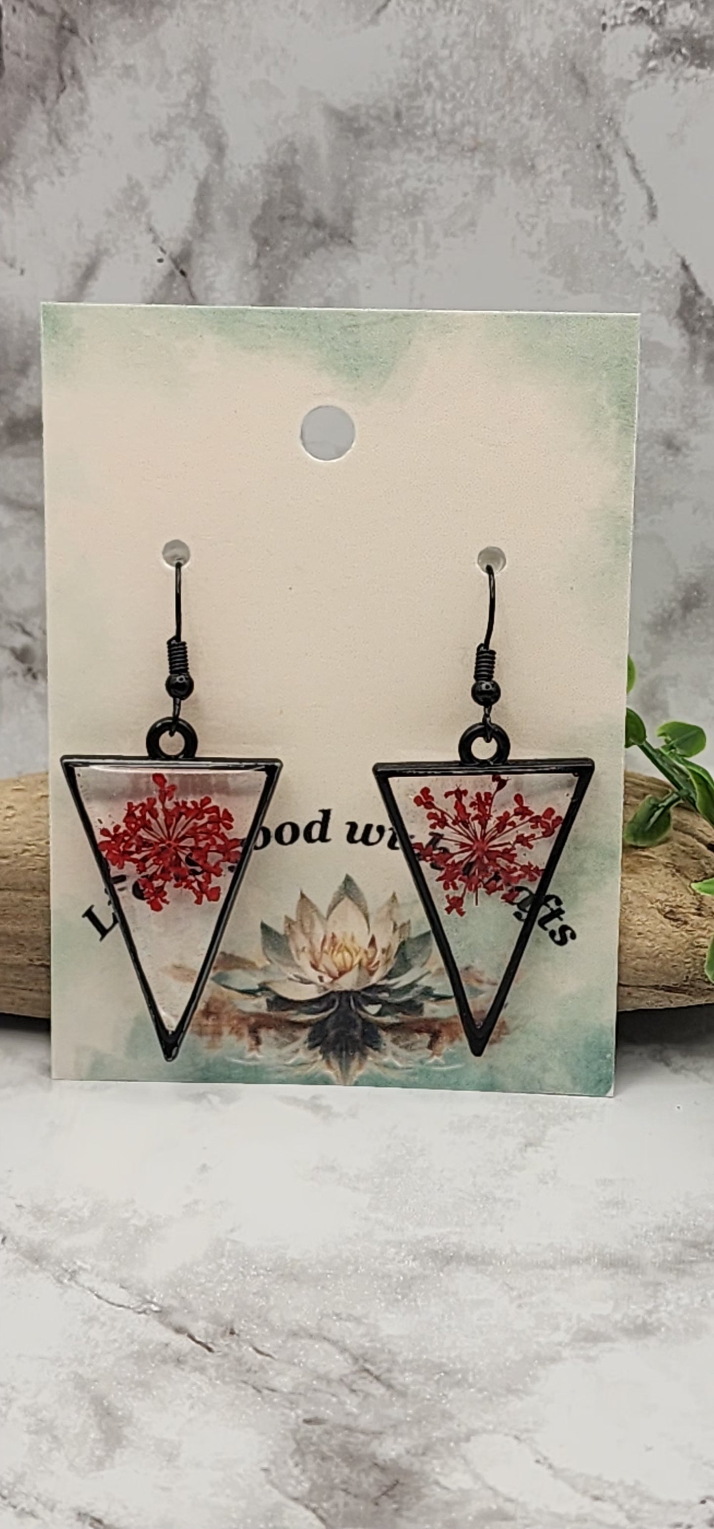 Dried Pressed Flower Triangle Bezel Resin Earrings