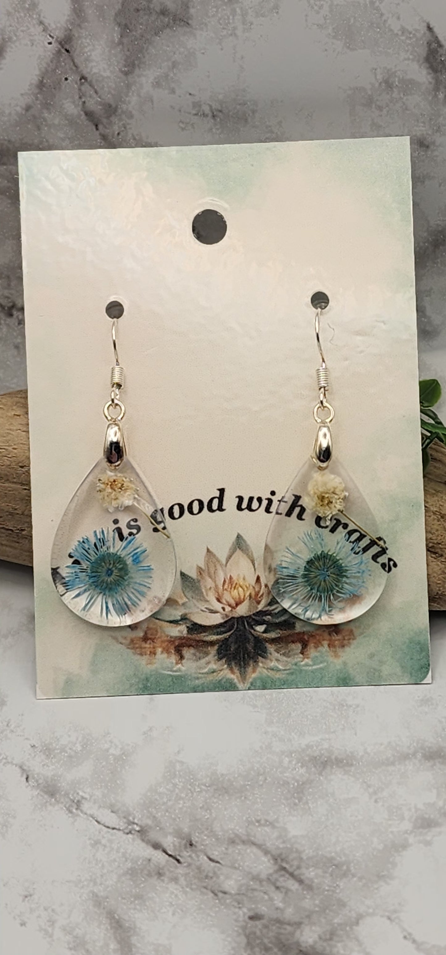 Dried Pressed Flower Teardrop Resin Earrings