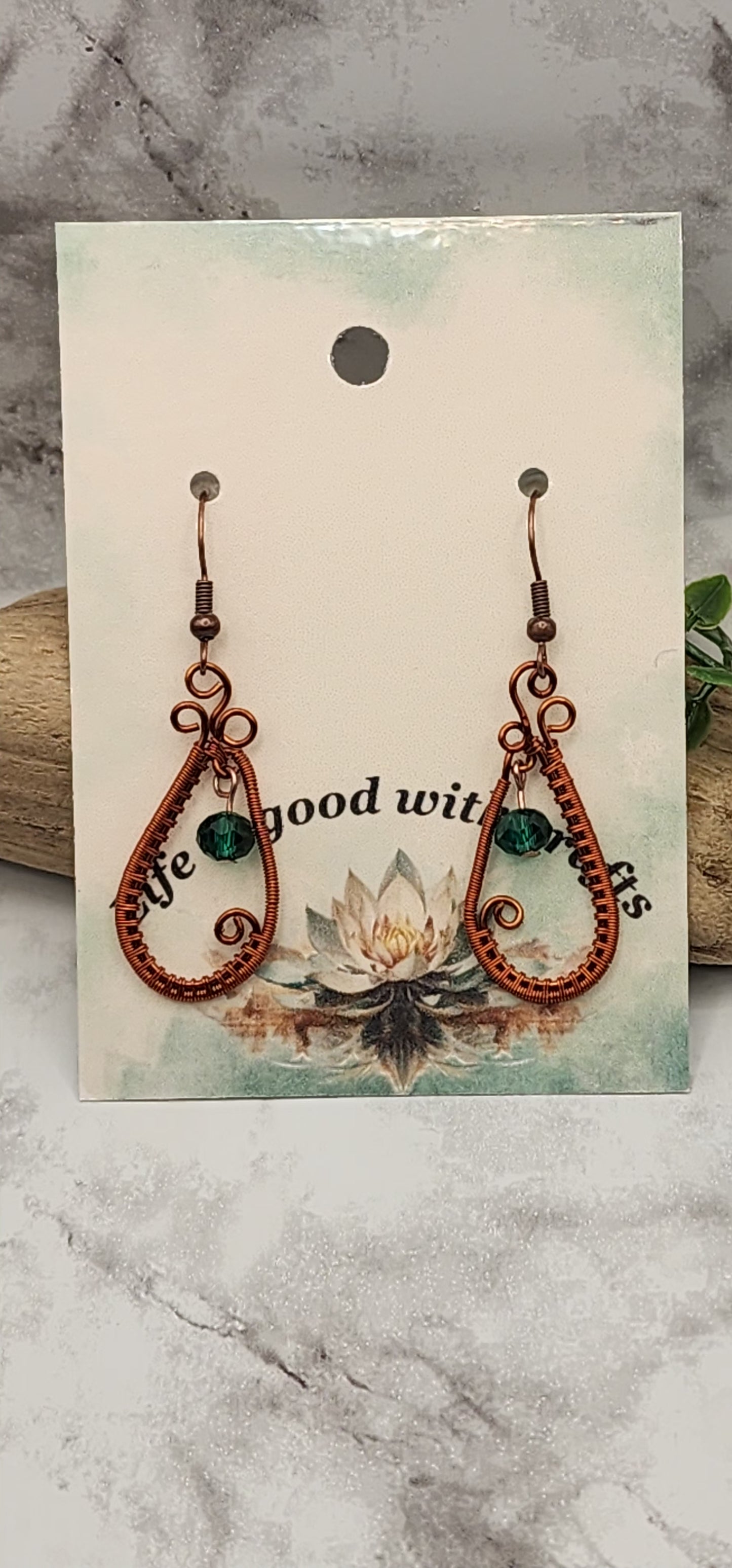 Antique Copper Wire Wrapped Teardrop Earrings with a Green Crystal Bead