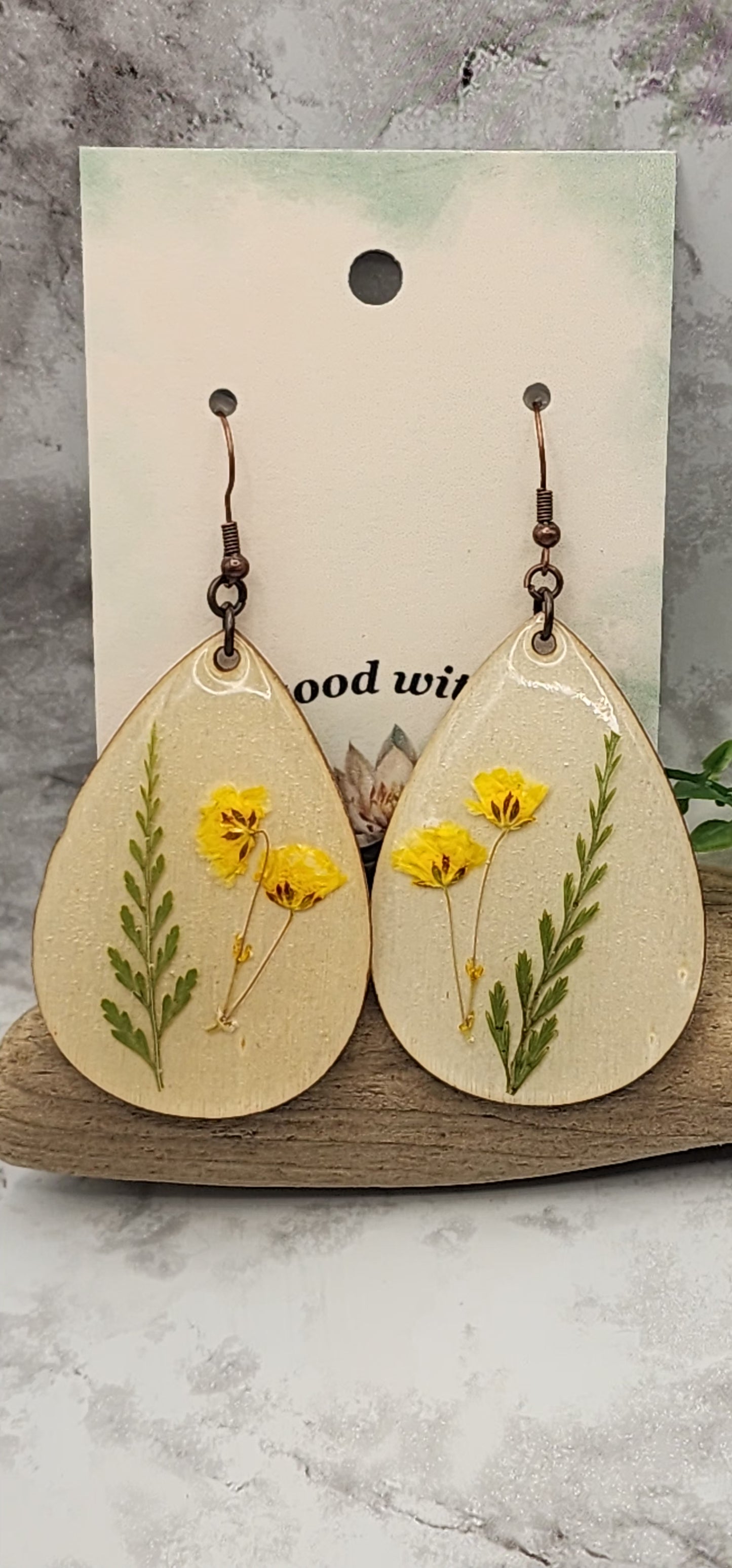 Dried Pressed Flower Resin Earrings on a Wooden Teardrop Pendant
