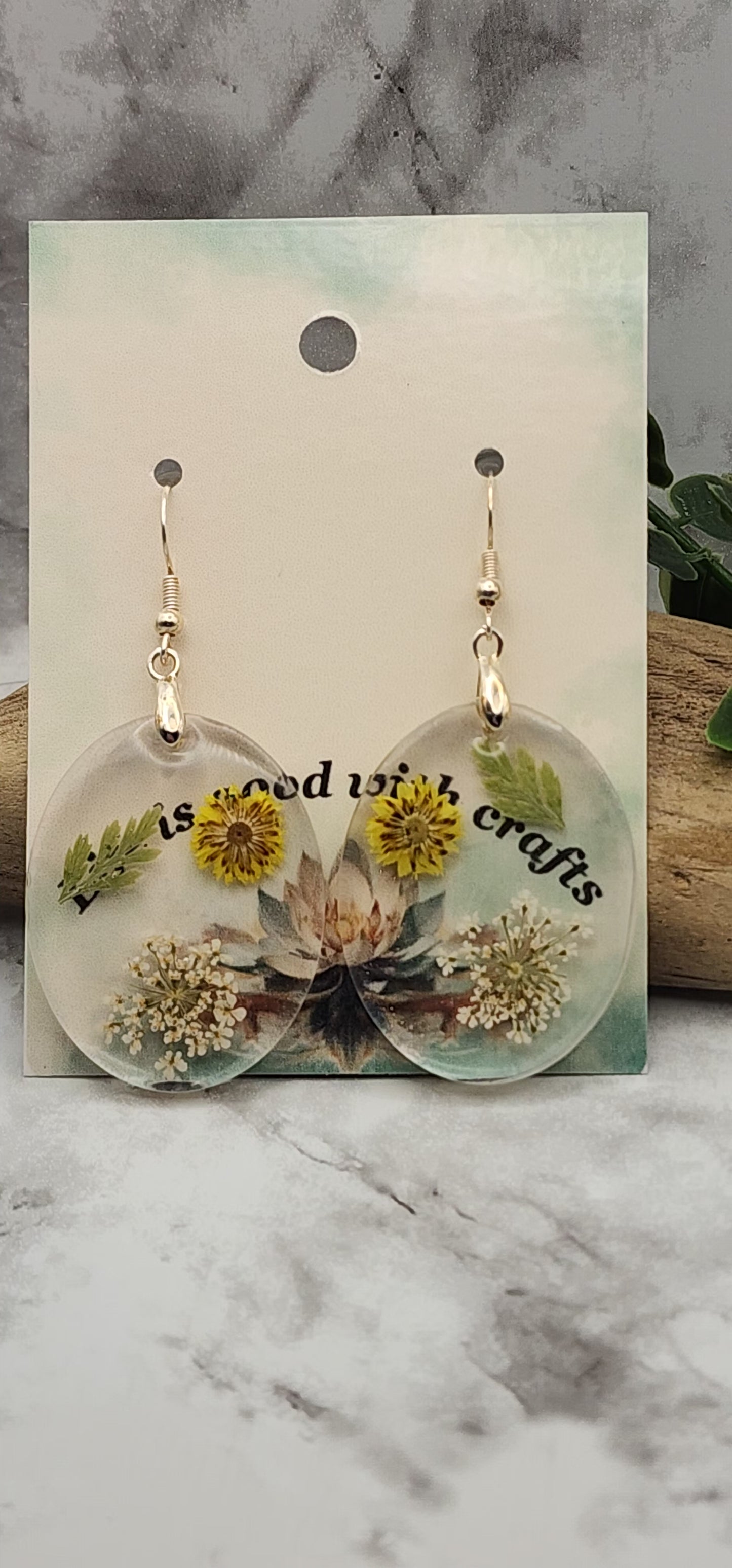 Dried Pressed Flower Resin Oval Earrings