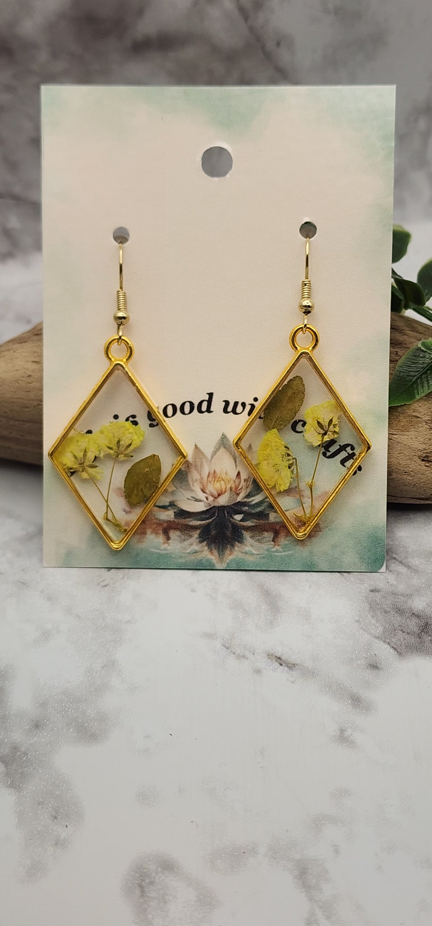 Dried Pressed Flower Resin Diamond Shaped Gold Plated Earrings
