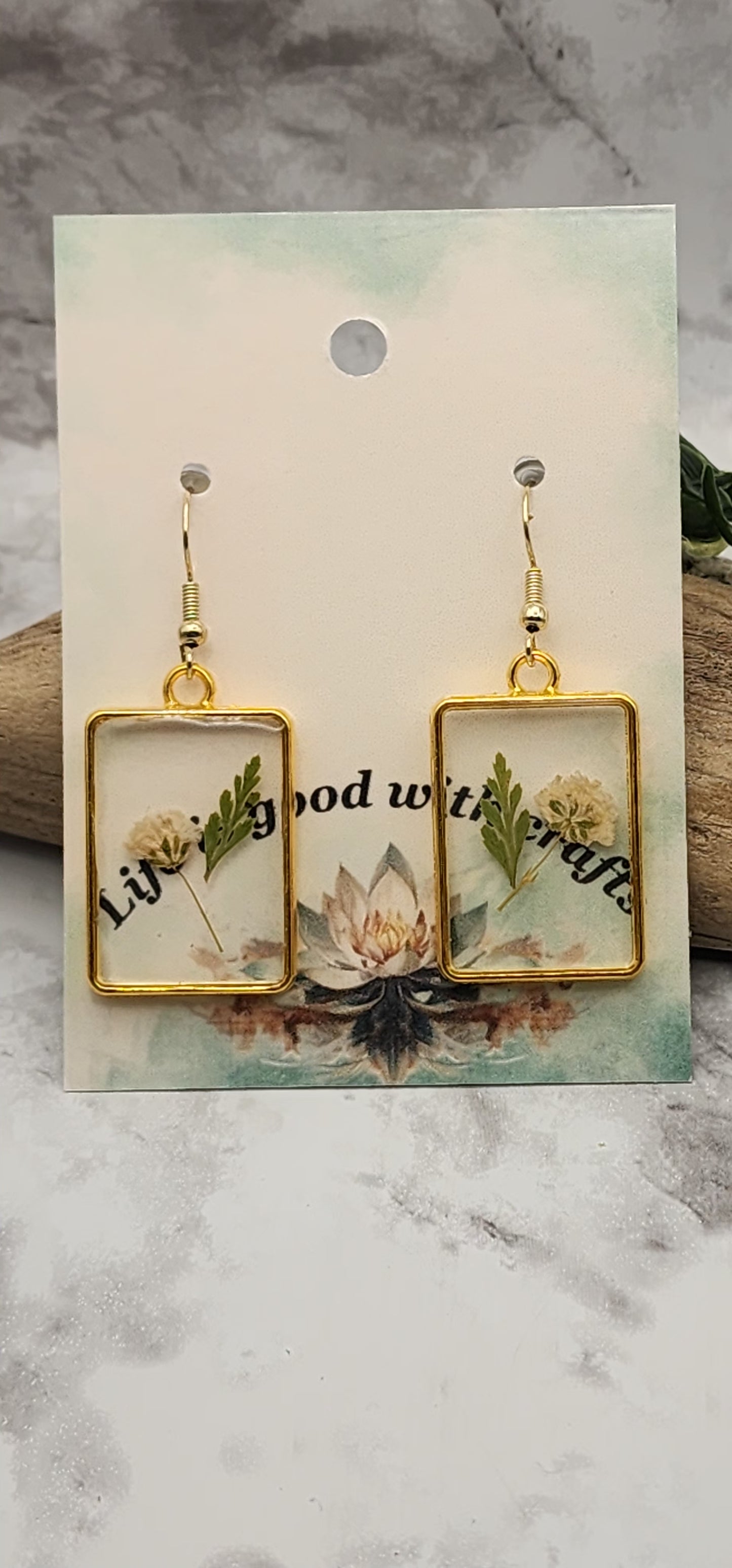 Dried Pressed Flower Resin Gold Plated Earrings