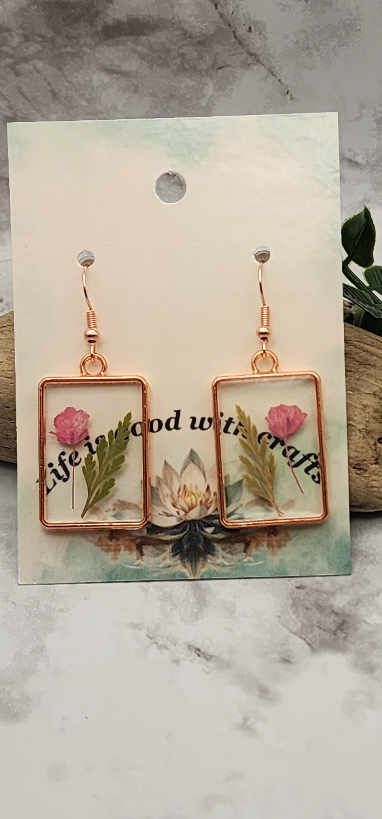 Dried Pressed Pink Flower Resin Earrings