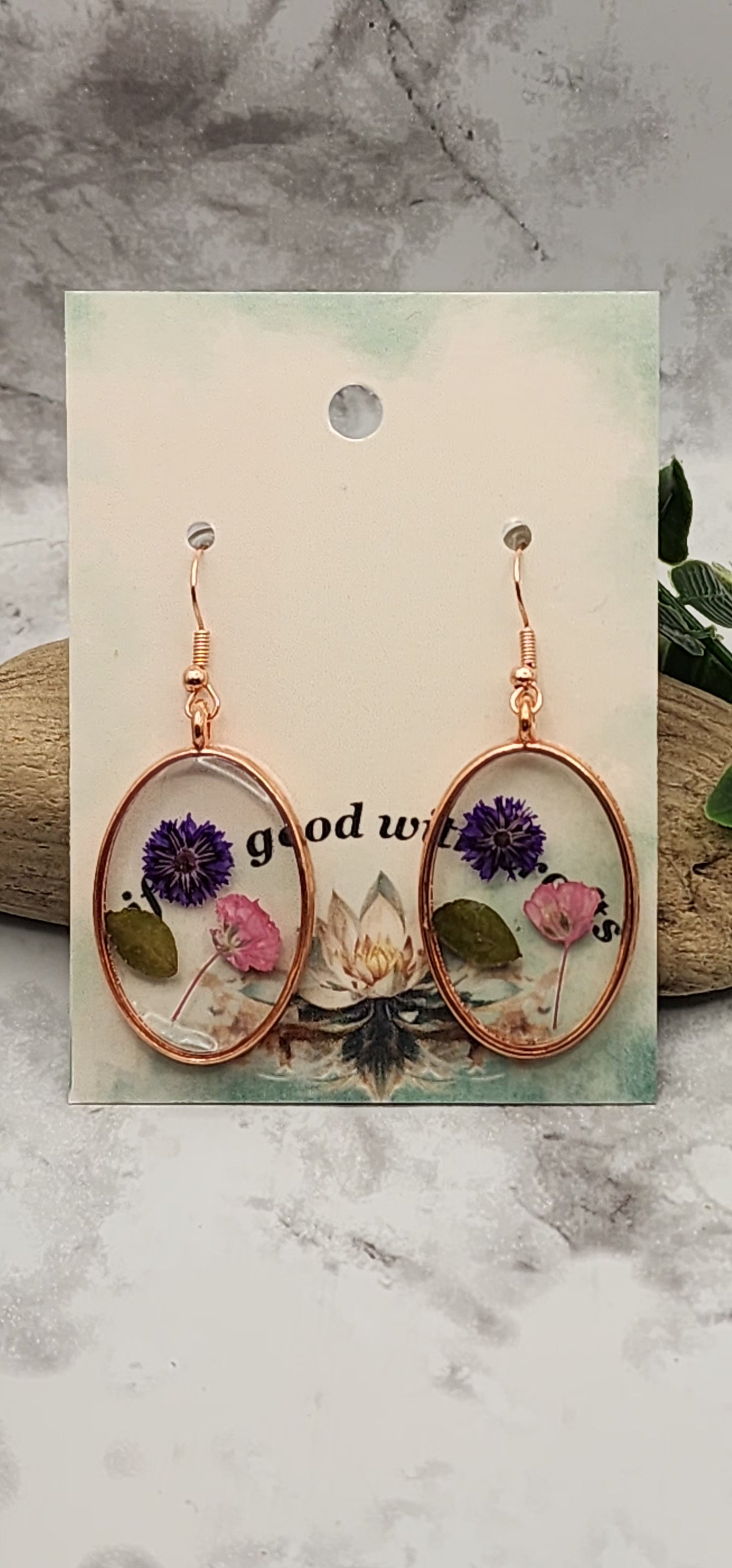 Dried Pressed Flower Resin Oval Earrings
