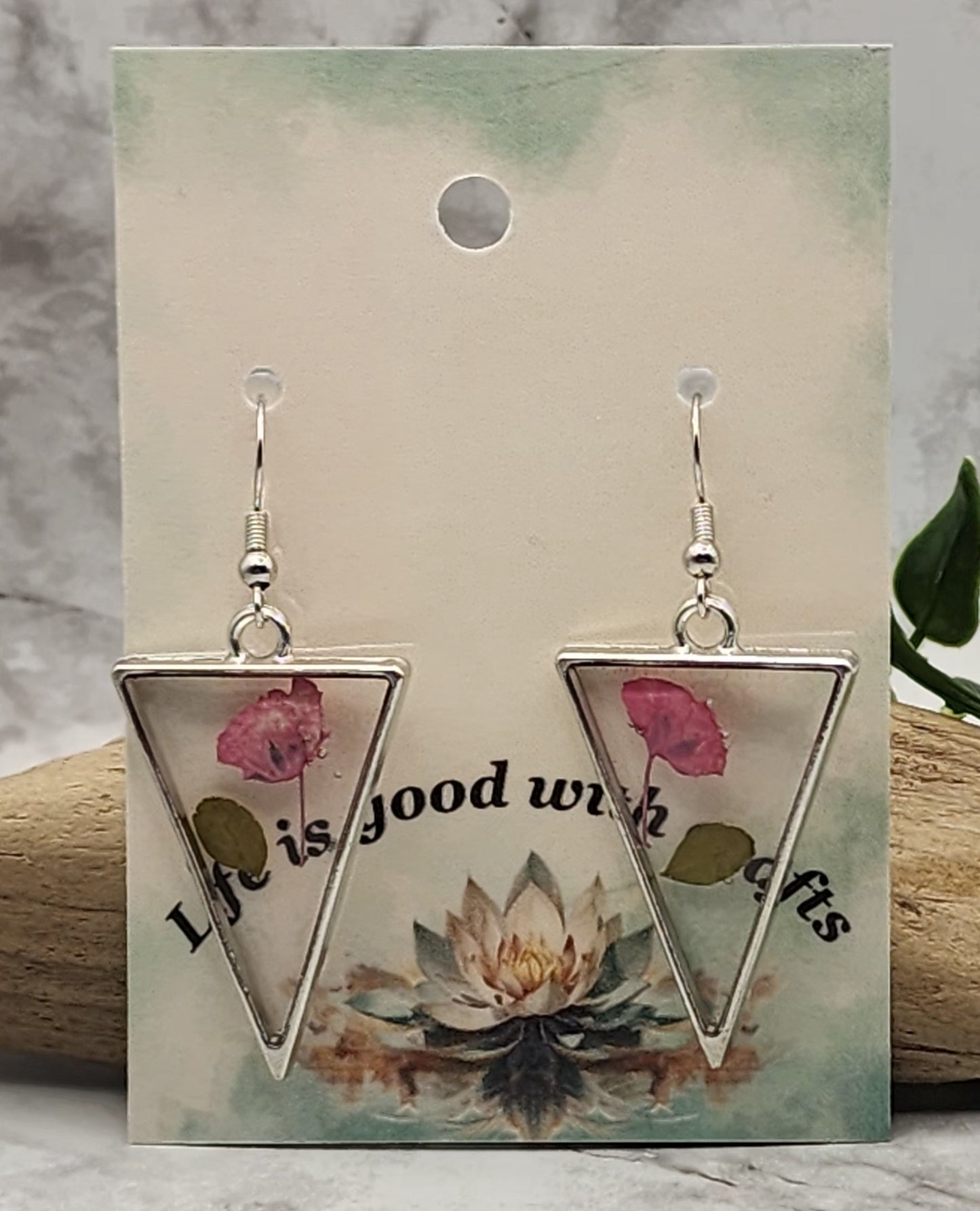 Dried Pressed Flower Resin Triangle Earrings