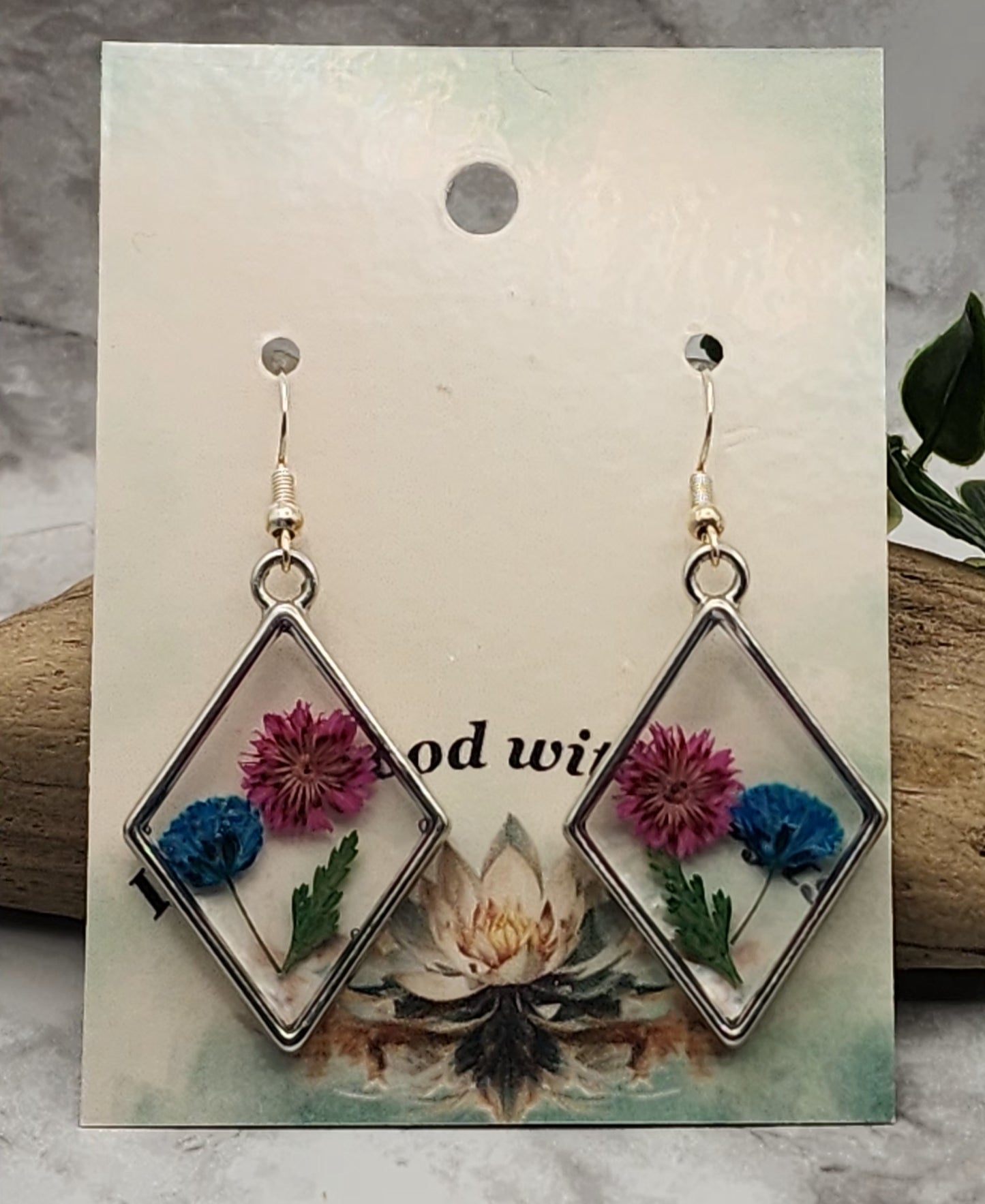 Dried Pressed Flower Resin Diamond Shaped Earrings