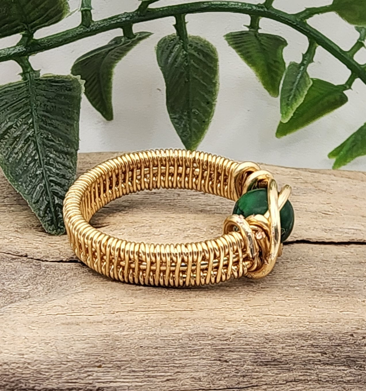 Malachite gold wire wrapped ring