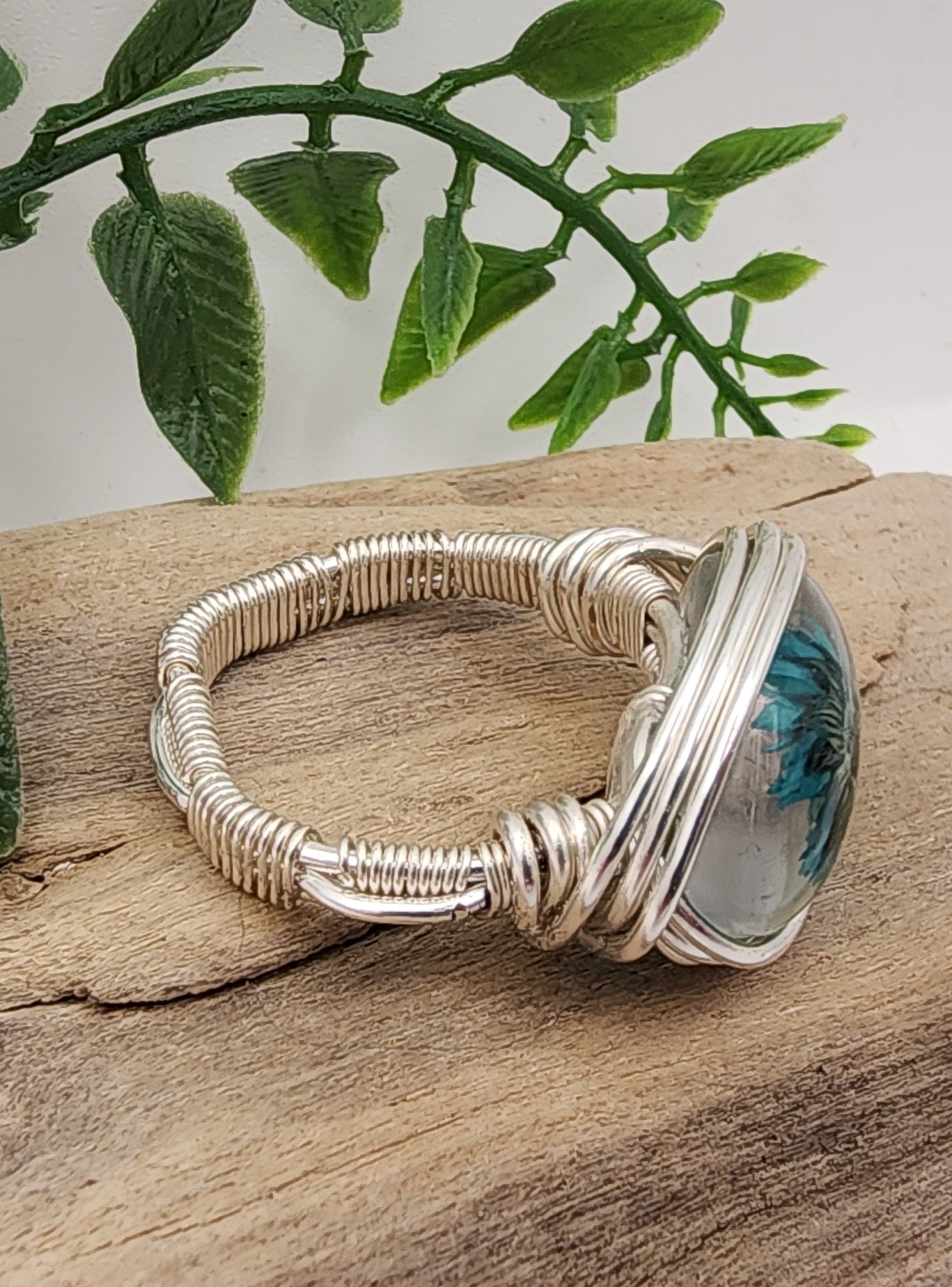 Vine and Teal Daisy Ring- Silver wire wrapped