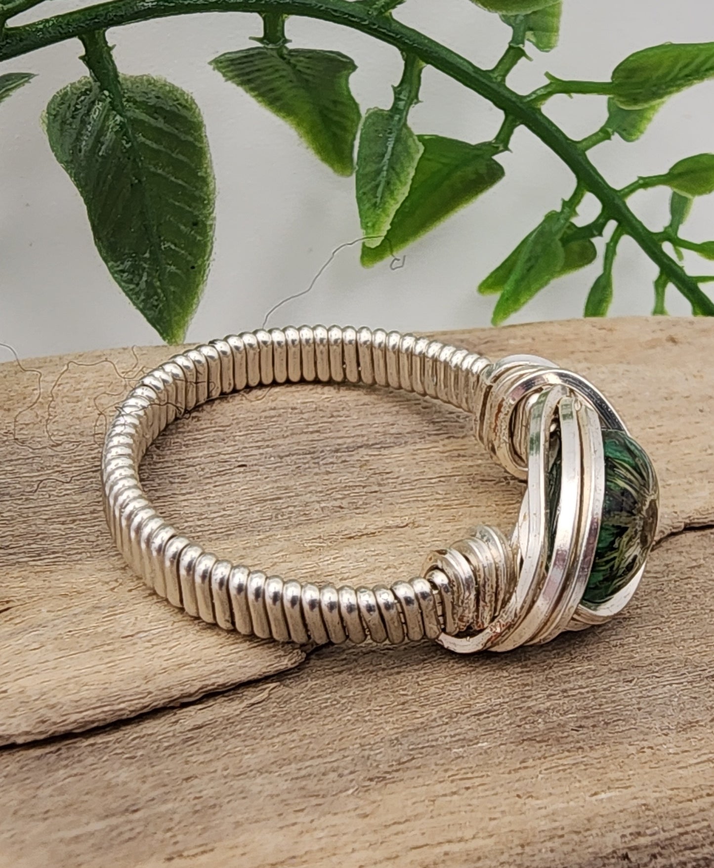 Green Daisy Ring- Silver wire wrapped