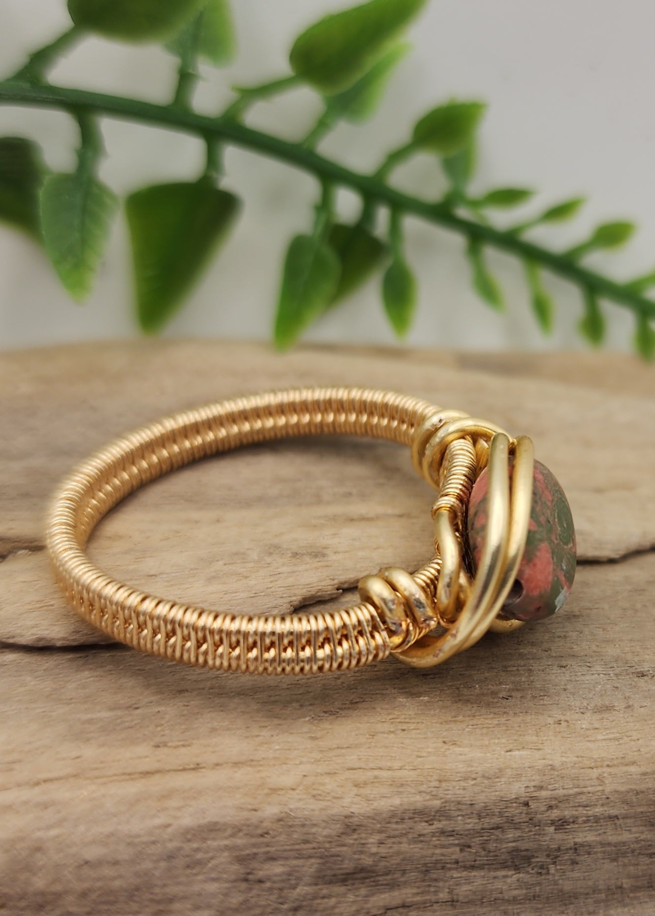 Unakite gold wire wrapped ring