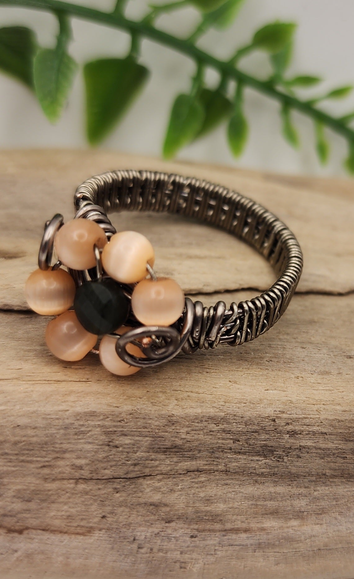 Pink Petal ring- Vintage Bronze wire wrapped