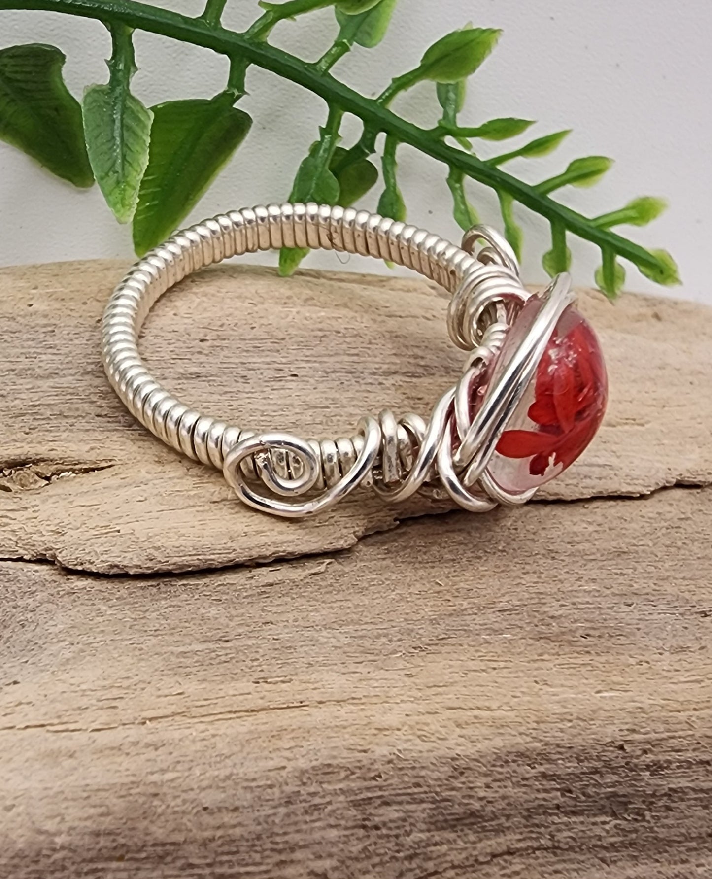 Red Baby Breath Ring- Silver wire wrapped