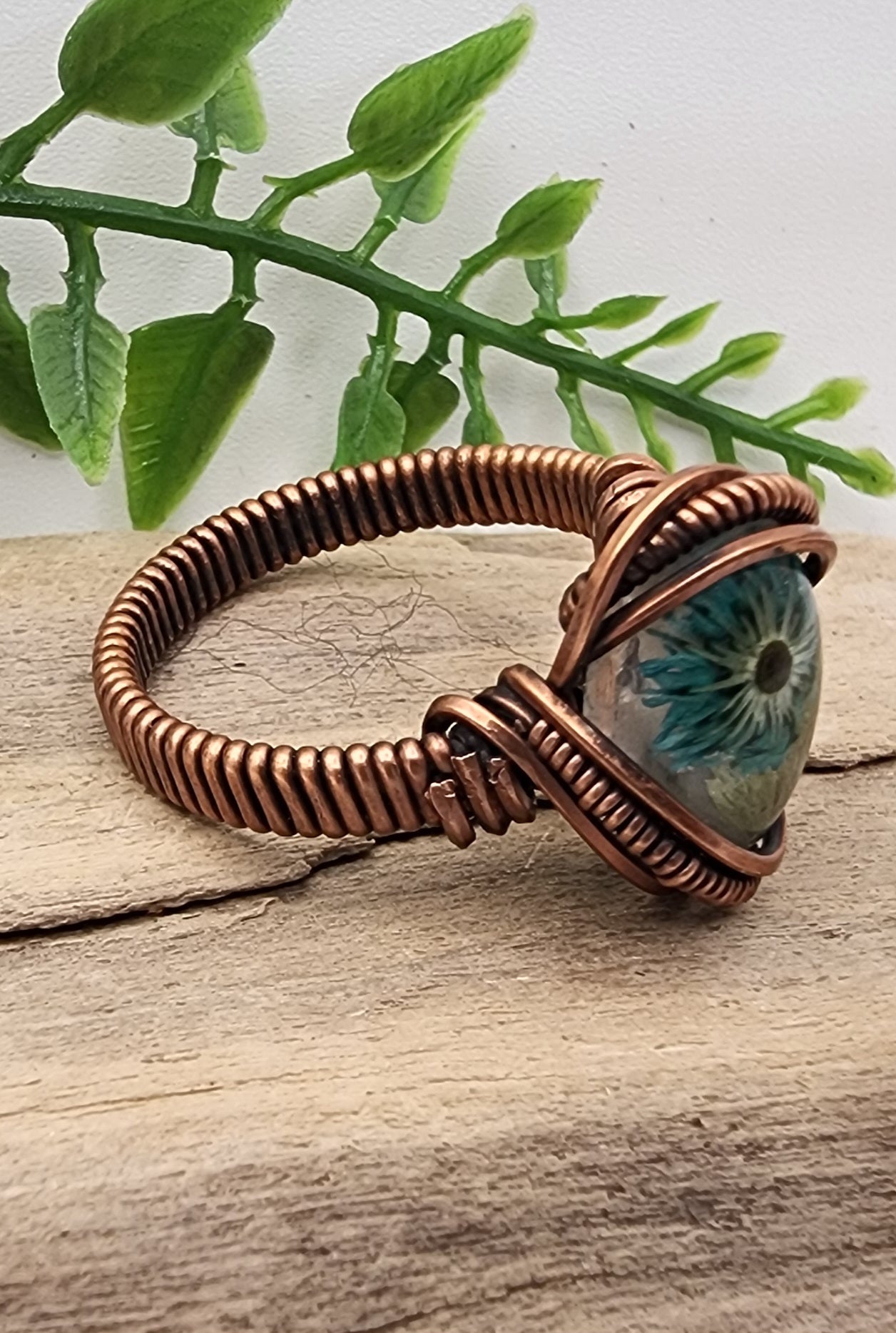 Teal Daisy Ring- Vintage Bronze wire wrapped