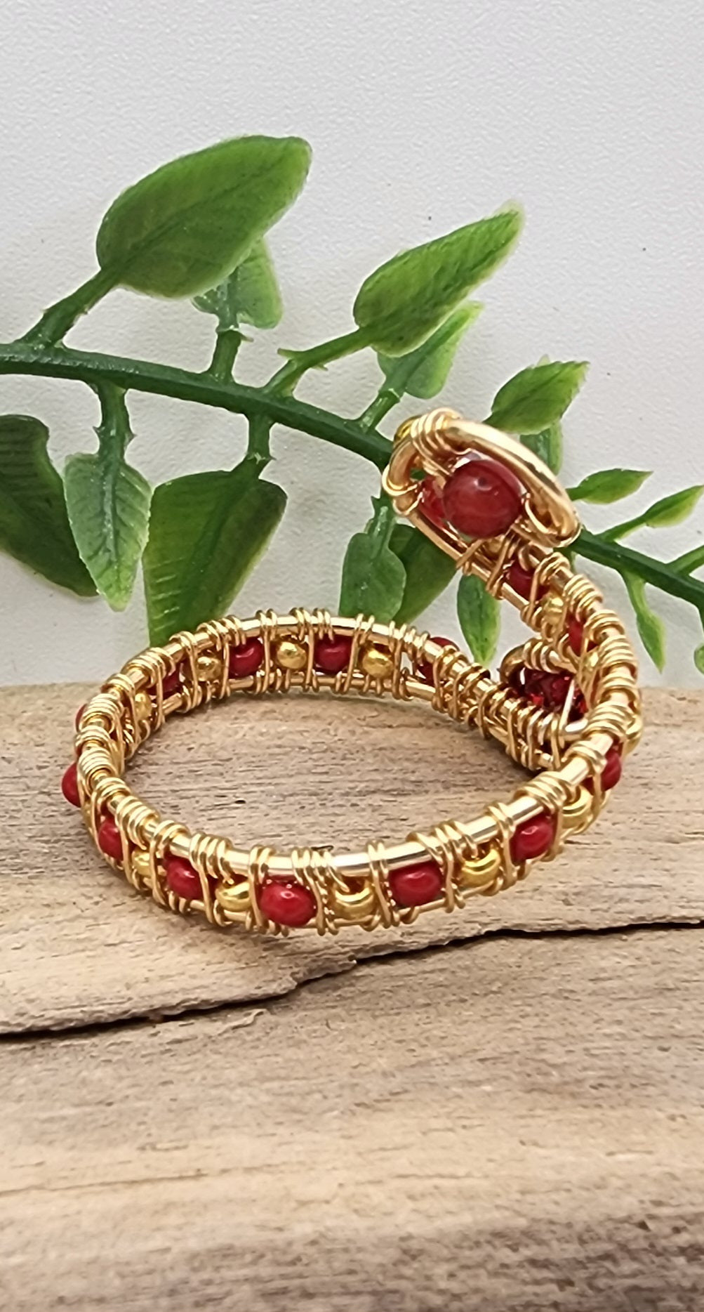 Fiery Red Beaded Adjustable Wire-Wrapped Ring – Gold Wire