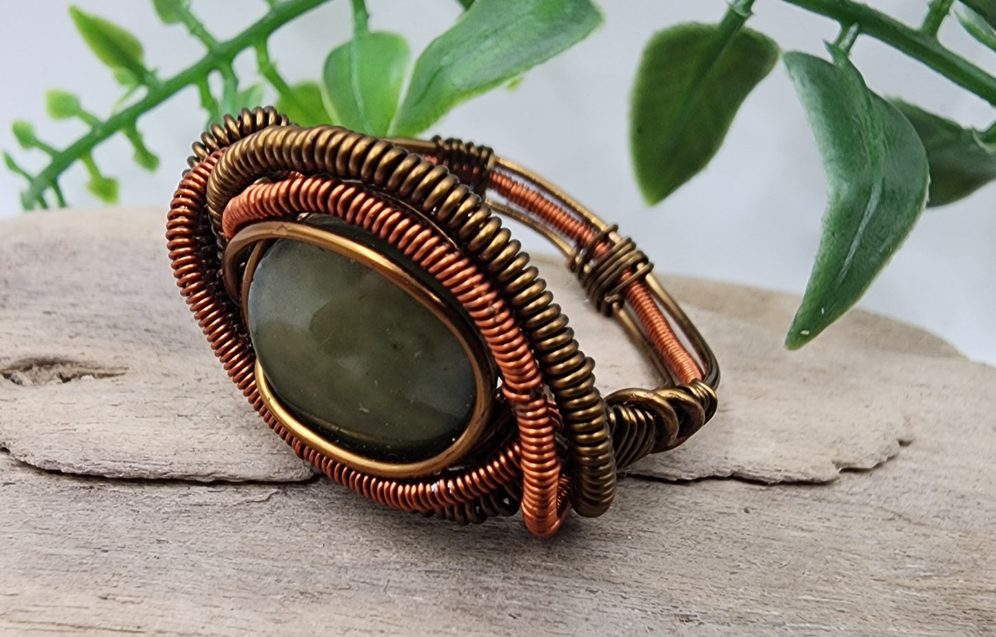 Sage Spiral Vintage Bronze and Copper wire wrapped ring