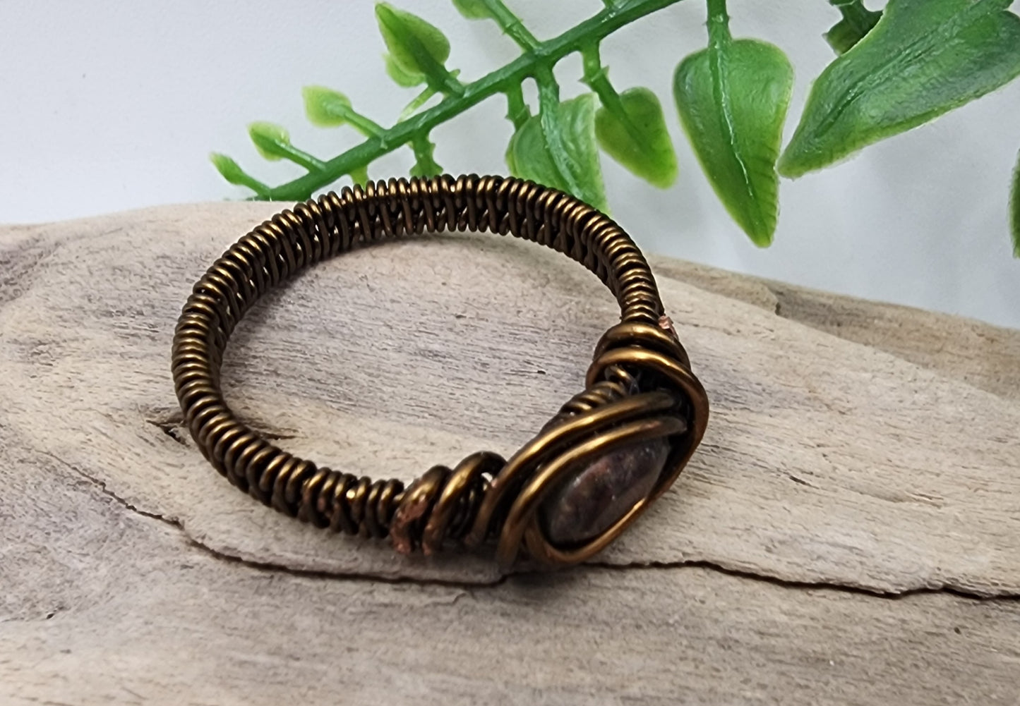 Vintage marbled resin cabochon ring wrapped in vintage bronze wire