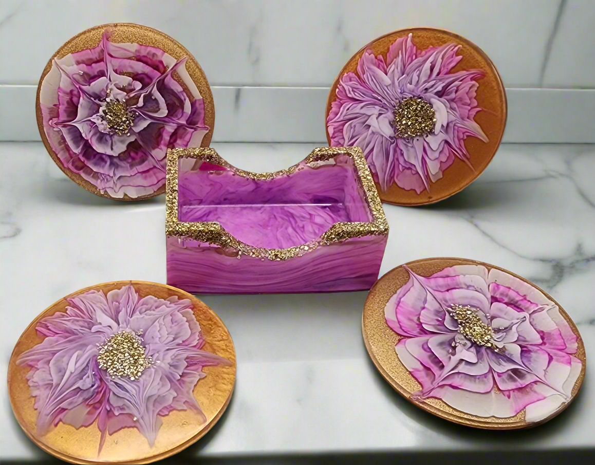 Pink/Gold Flower Resin Coaster Set