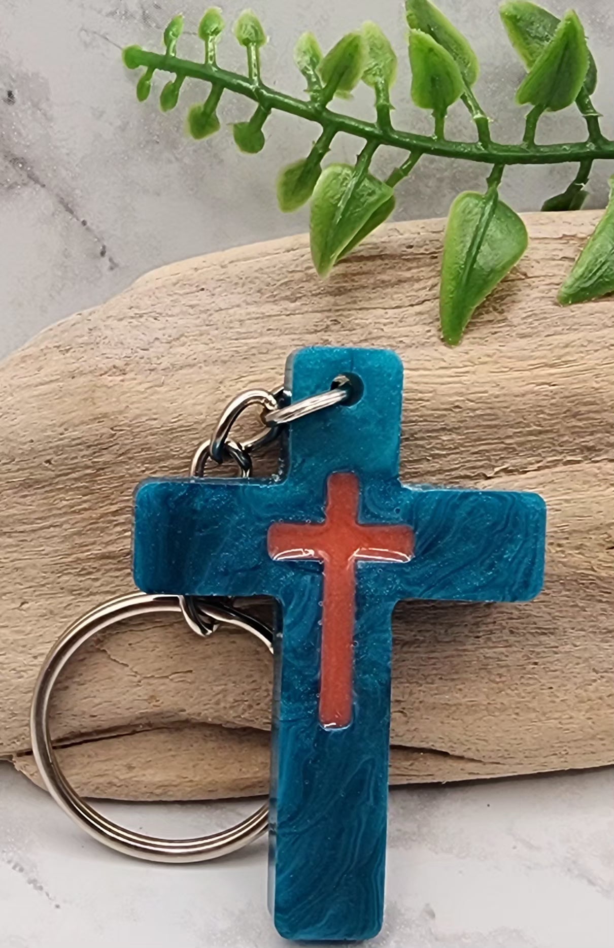 Glow In The Dark Teal/Orange Cross Keychain