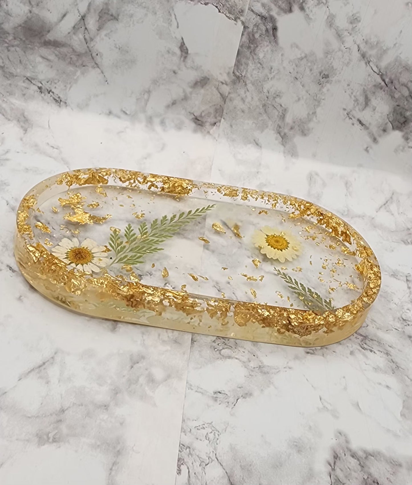 Dried Pressed Flower and Gold Flake Resin Vanity Tray