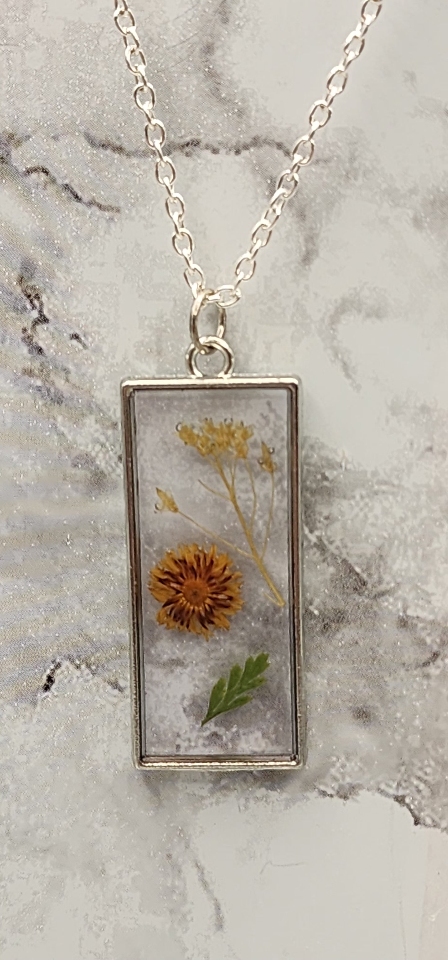 Dried Pressed Flower Silver Rectangle Necklace