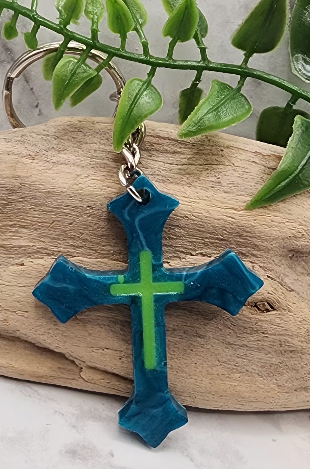 Glow In The Dark Teal/Green Cross Keychain