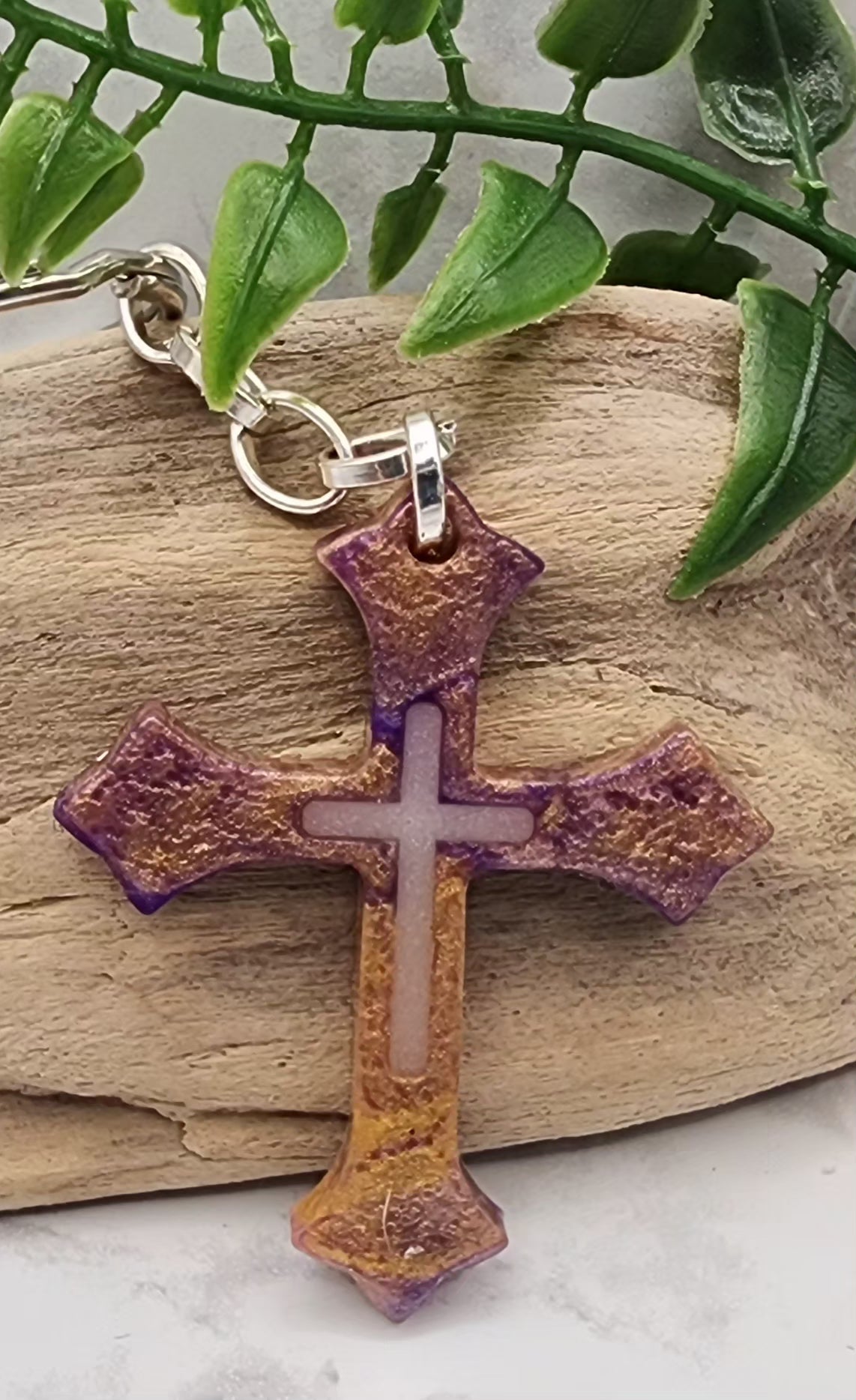 Glow In The Dark Purple/Gold Cross Keychain