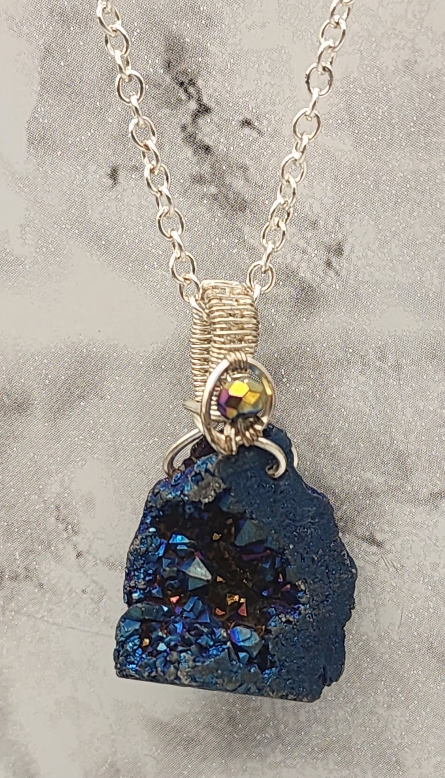 Midnight Waters Geode Silver Wire Wrapped Necklace