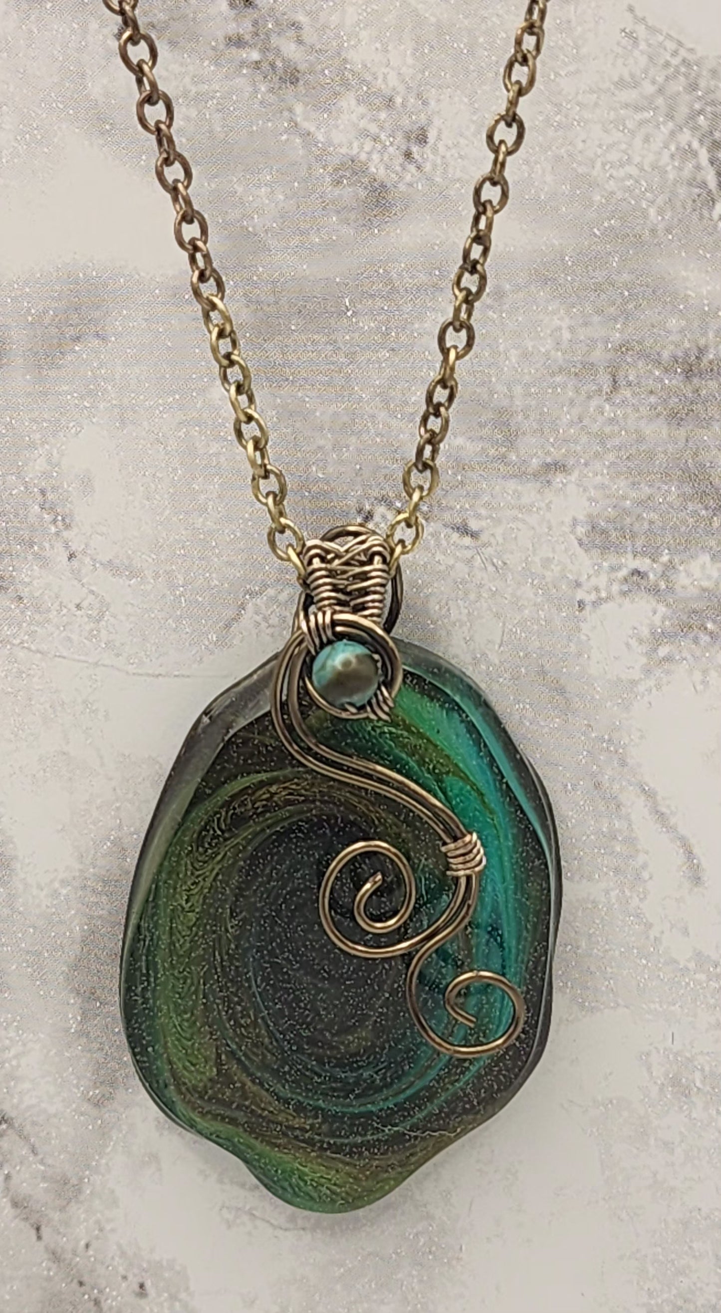 Seafoam Essence Vintage Bronze Wire Wrapped Necklace