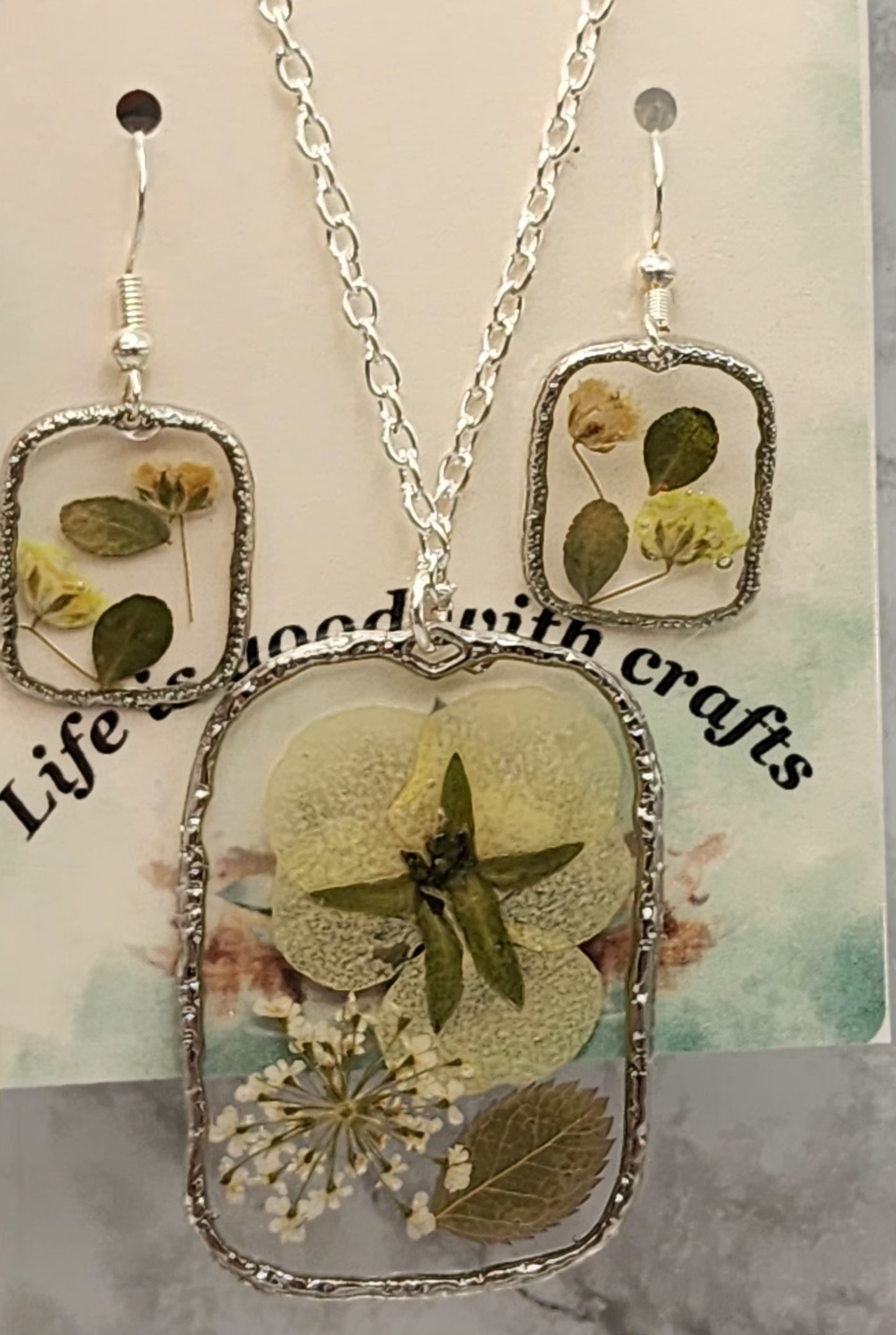 Dried Pressed Yellow Flowers Resin Earrings and Necklace Set