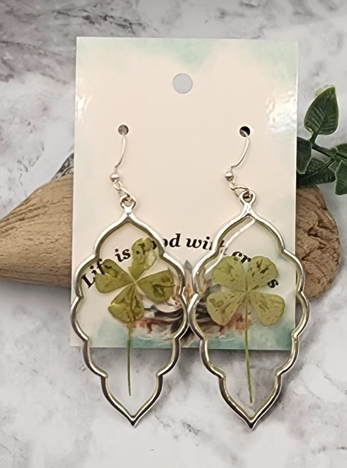 Four Leaf Clover Resin Earrings In a Silver Leaf Bezel