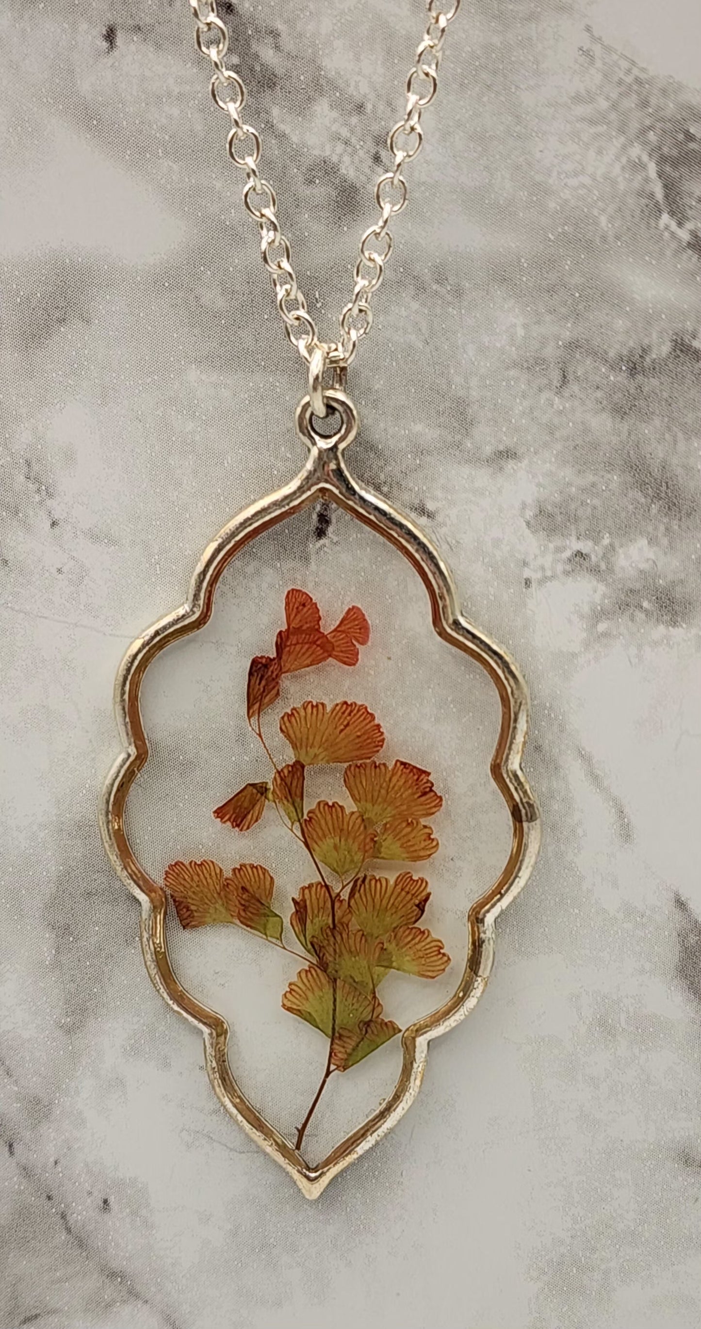 Dried Pressed Leaf Resin Necklace in a Silver Leaf Bezel