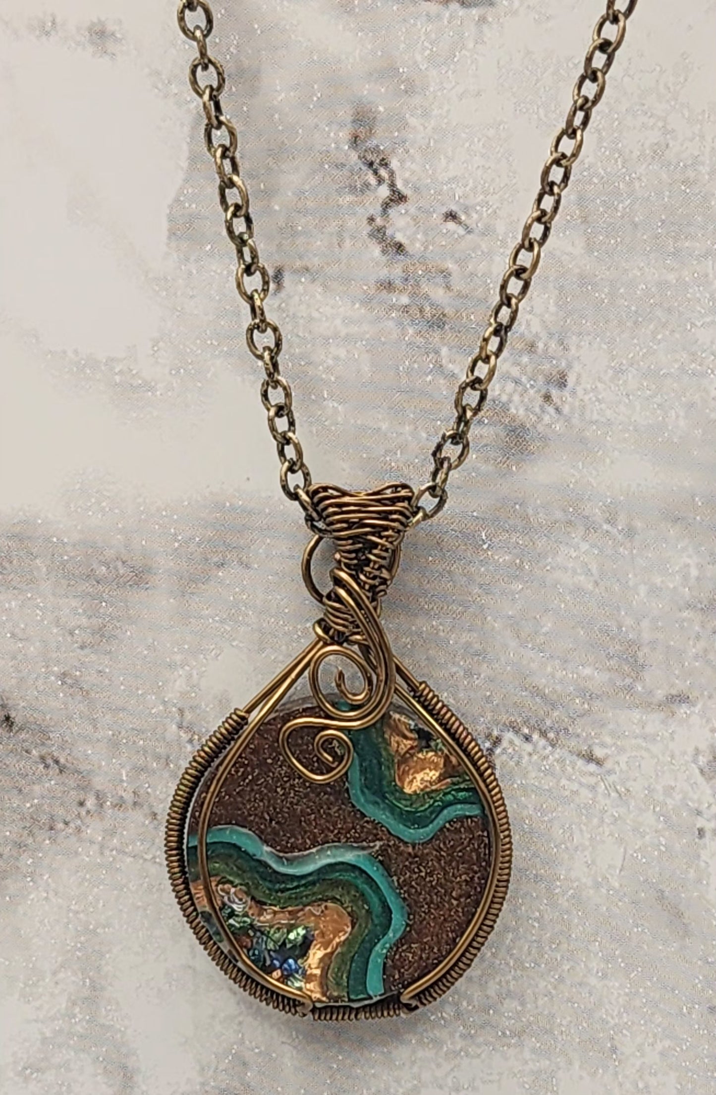 Deep Ocean Resin Geode Antique Bronze Wire Wrapped Necklace