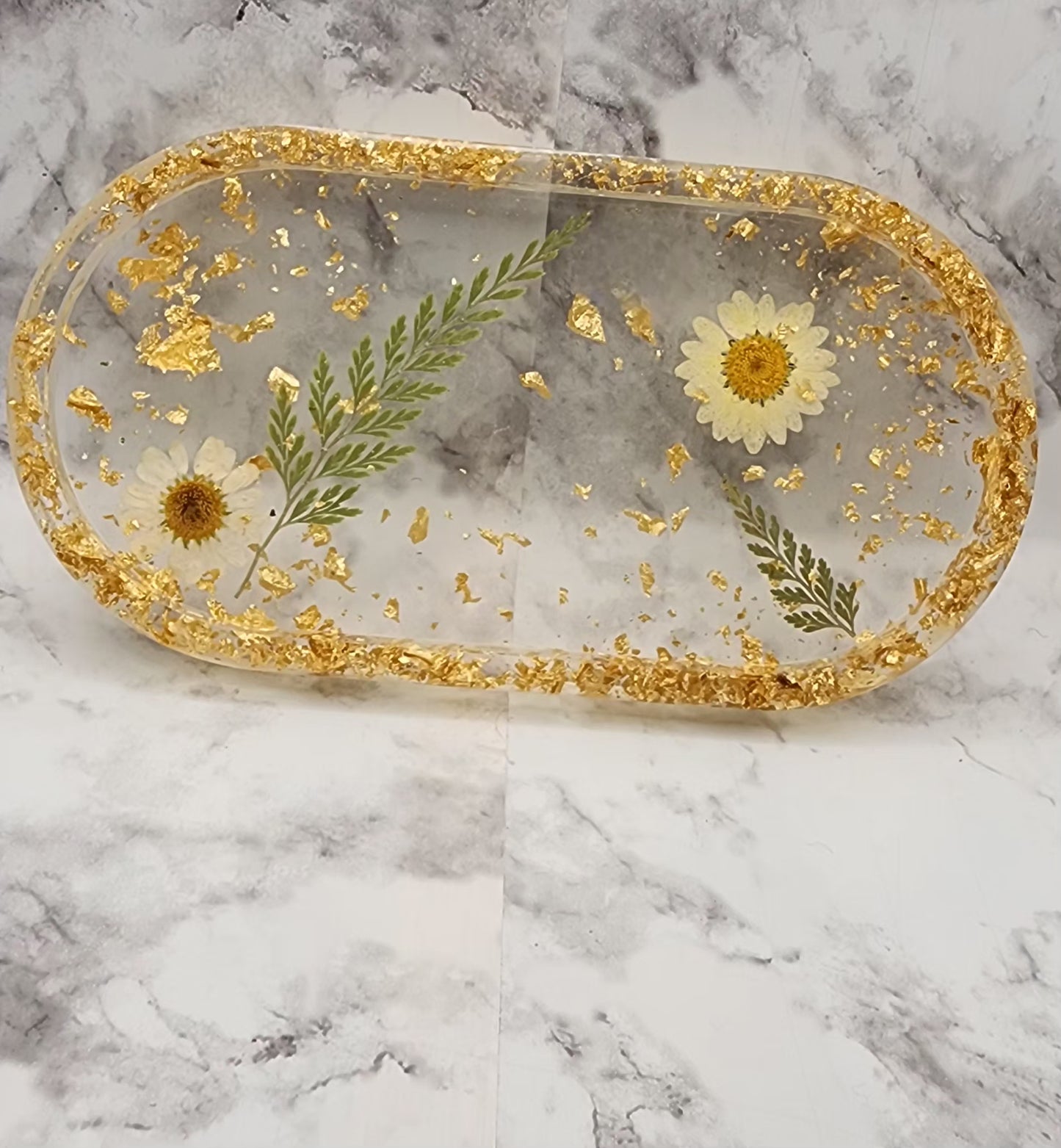Dried Pressed Flower and Gold Flake Resin Vanity Tray
