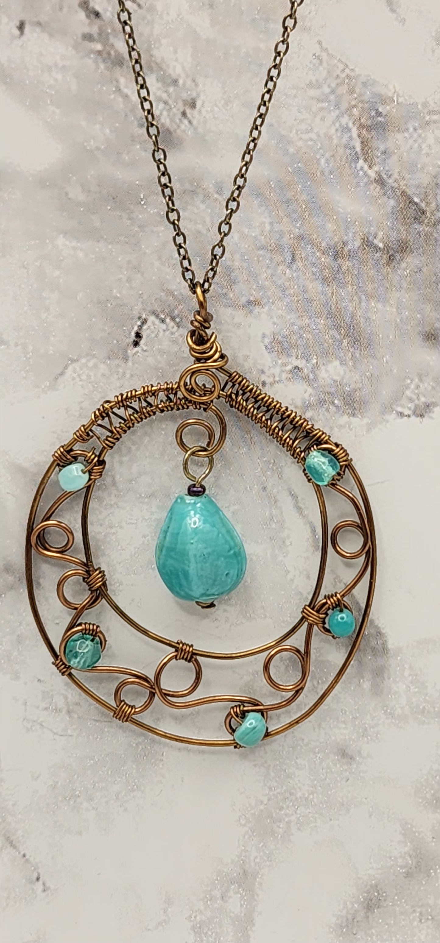 Turquoise Beads Wire Wrapped in Antique Bronze Necklace