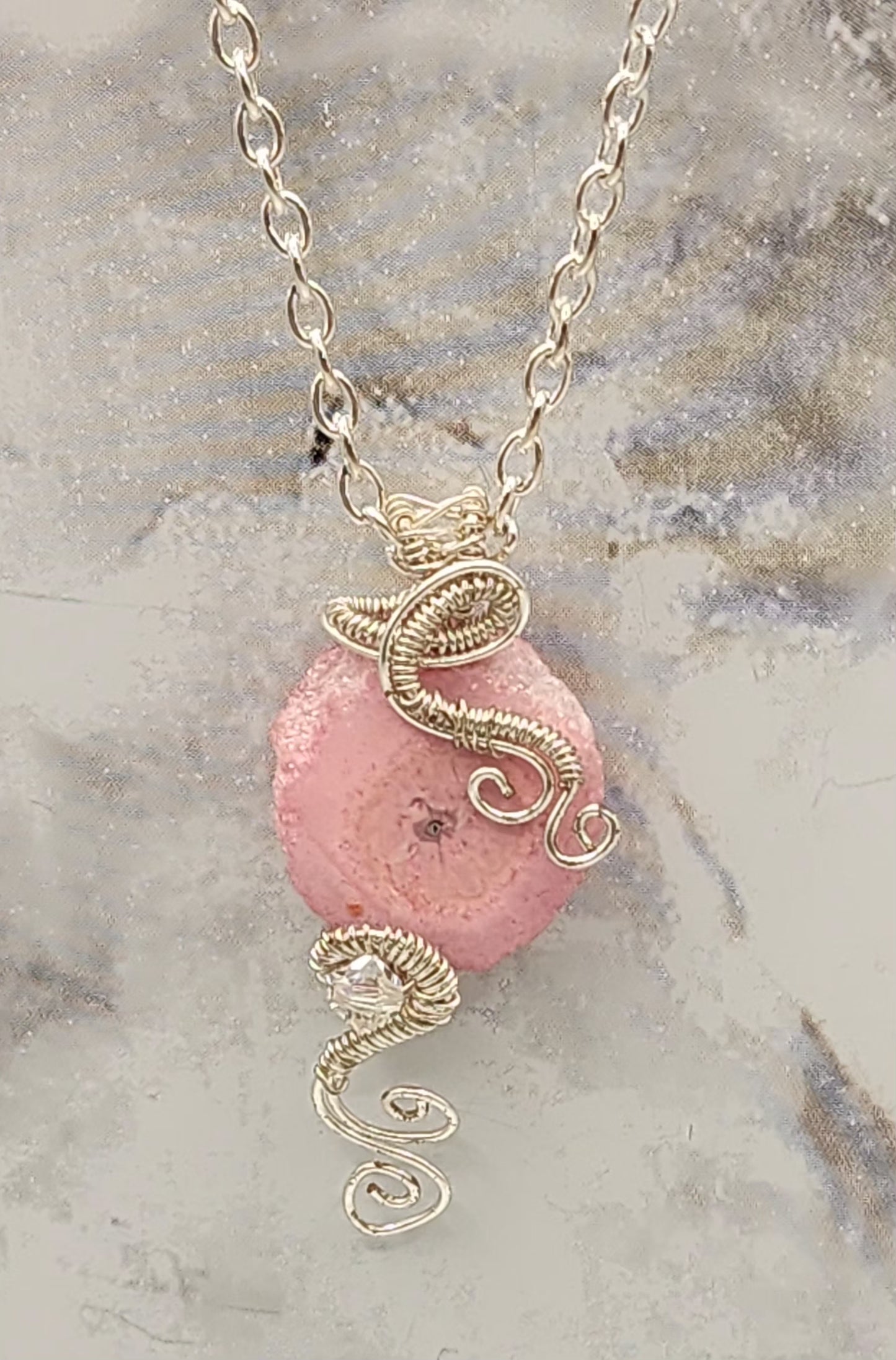 Pink Geode Silver Wire Wrapped Necklace